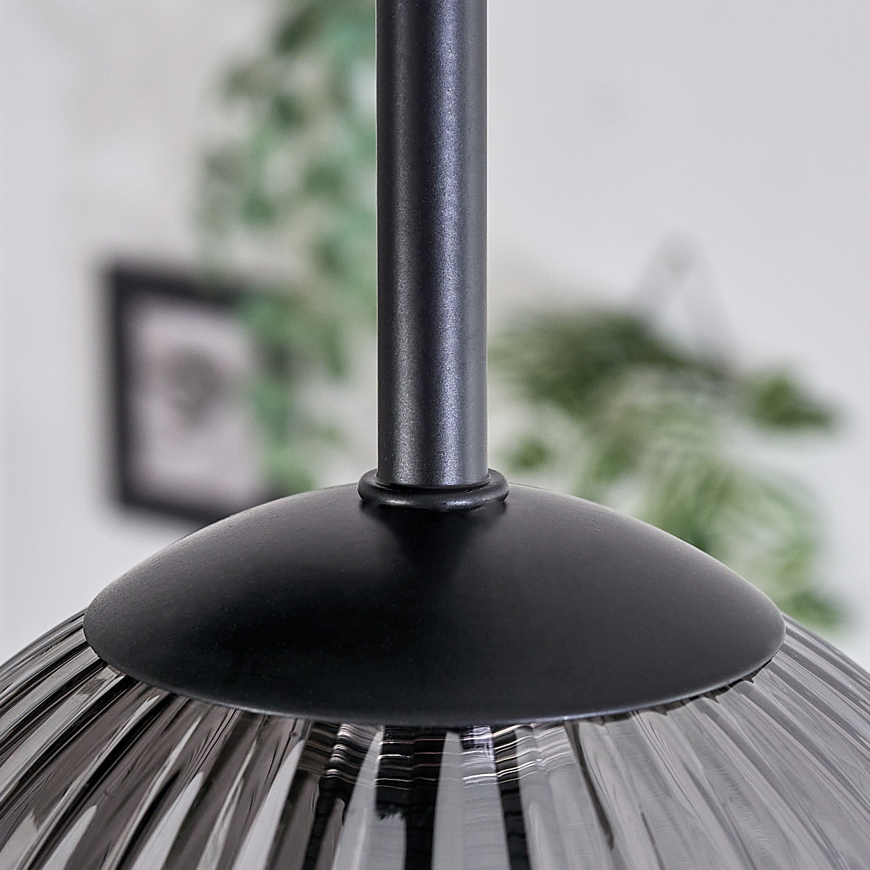 Nahaufnahme einer Lampe. Der schwarze Sockel und der Glaskolben sind sichtbar. Der Hintergrund ist verschwommen.