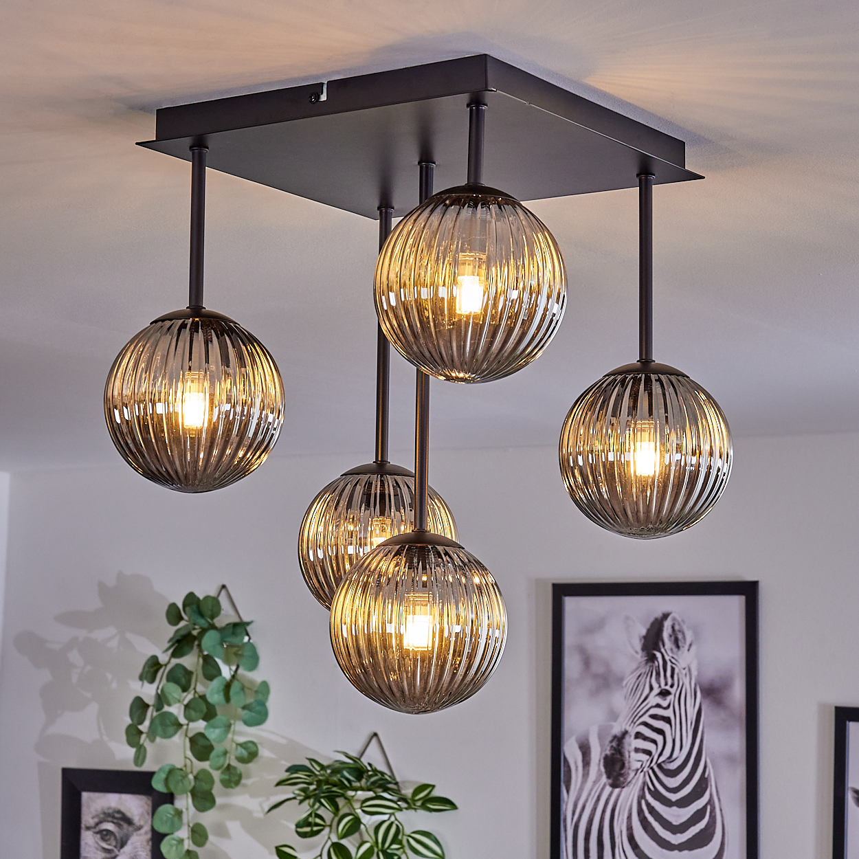 Eine Deckenlampe mit 5 beleuchteten Kugelschirmen, mit schwarzem Rahmen. Die Szene beinhaltet ein Zebra-Bild.