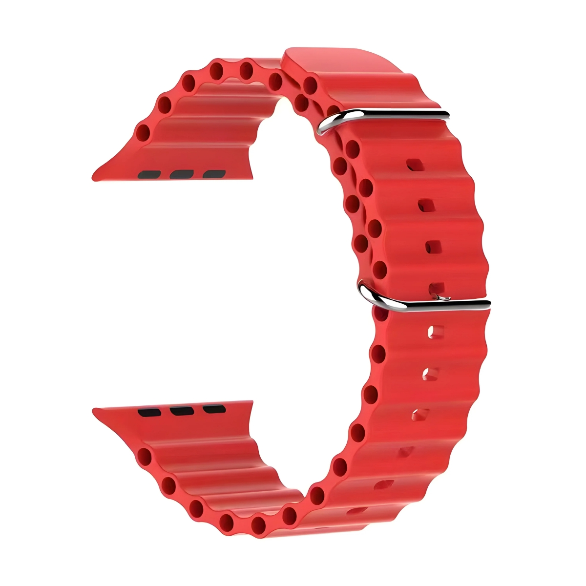 Ein rotes, wellenförmiges Uhrenarmband. Es hat Löcher und zwei silberne Metallverschlüsse.