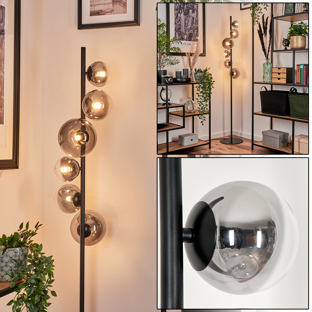 Eine Stehlampe mit mehreren kugelförmigen Lampen. Die Szene zeigt mehrere Lampen und eine Nahaufnahme einer Lampe.