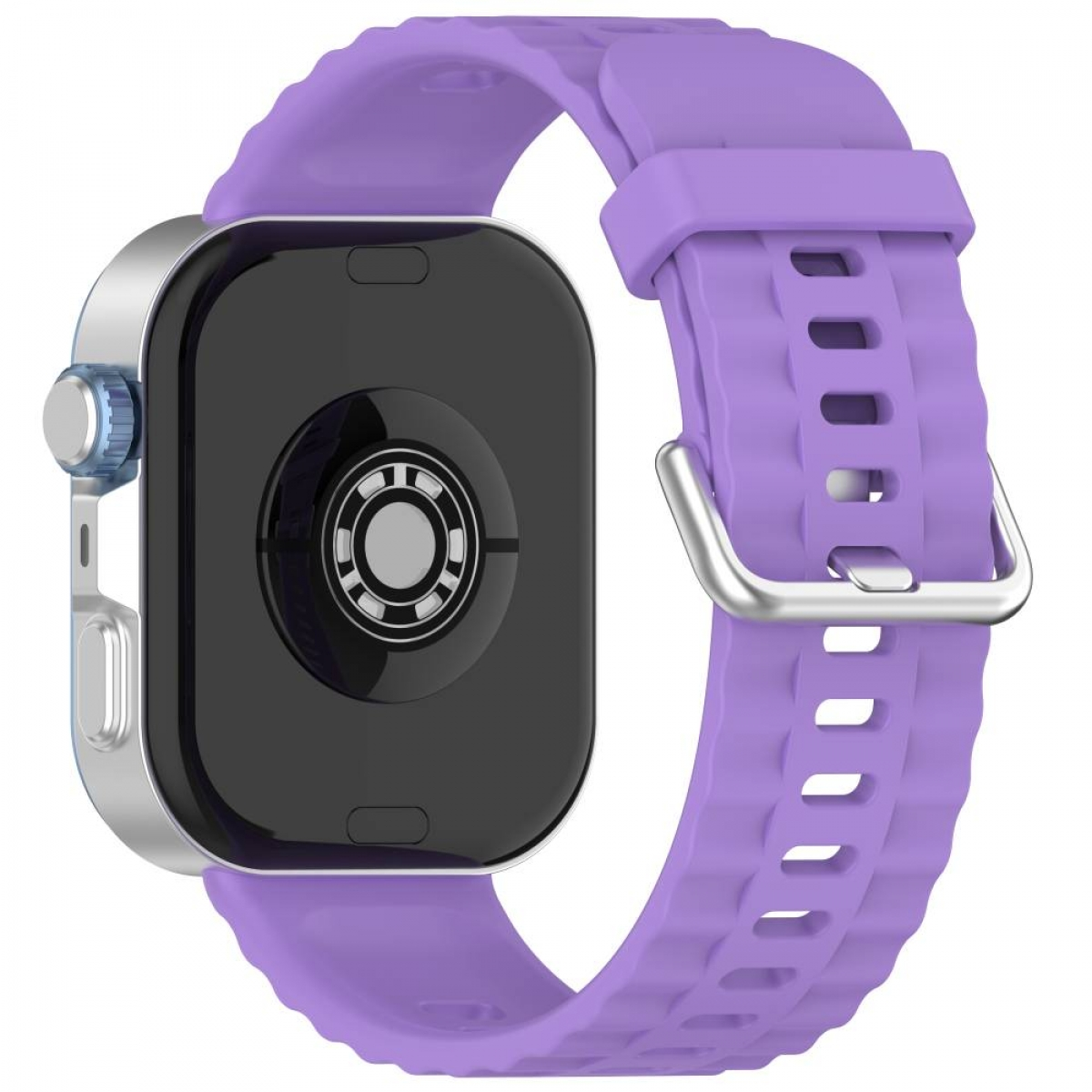 Eine Smartwatch mit lila Armband. Die Uhr ist silber und schwarz mit einem Kreis in der Mitte.