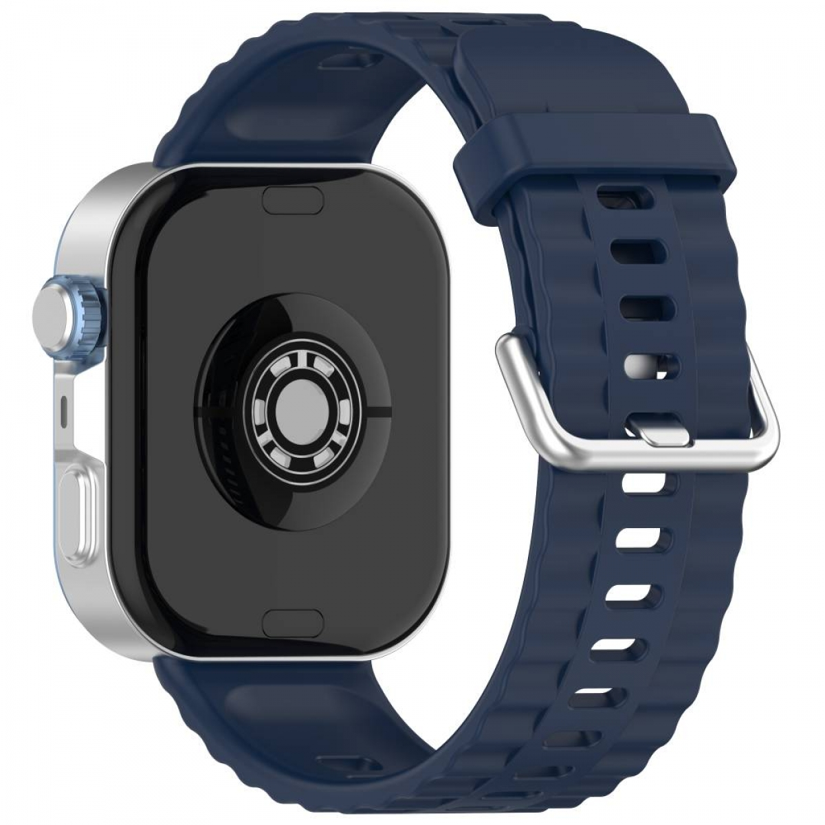 Eine Smartwatch mit marineblauem Armband. Das Zifferblatt ist schwarz mit silberner Lünette.