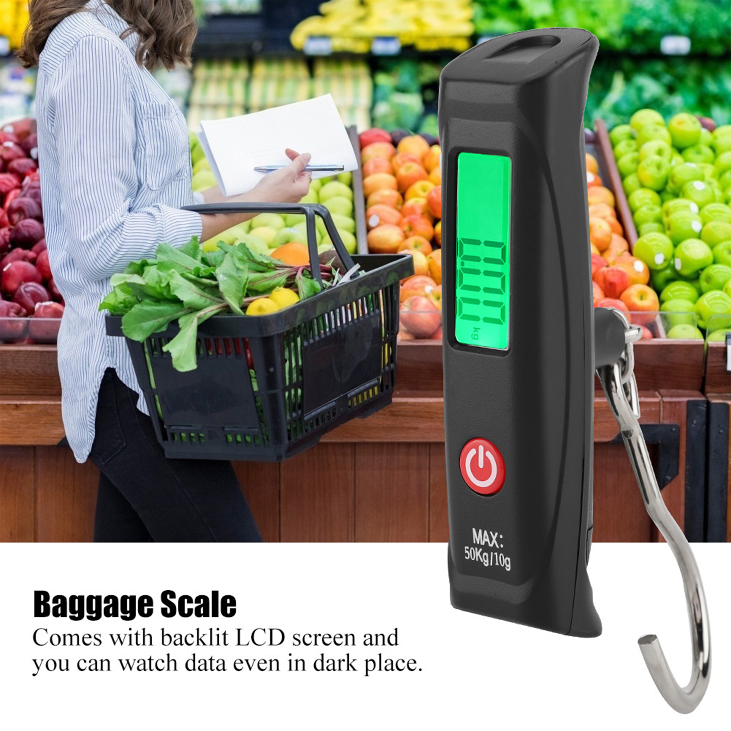 Eine schwarze Gepäckwaage mit grünem LCD-Bildschirm und Haken. Eine Person hält einen Einkaufskorb.