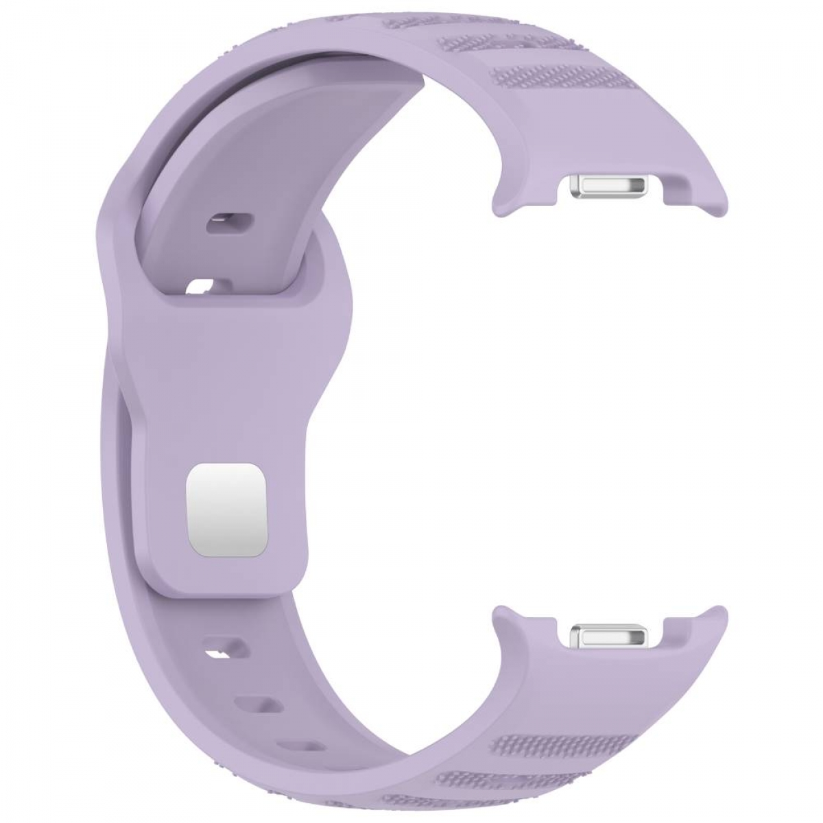 Ein helllila Uhrenarmband mit zwei Enden zum Befestigen. Es hat eine Schnalle.