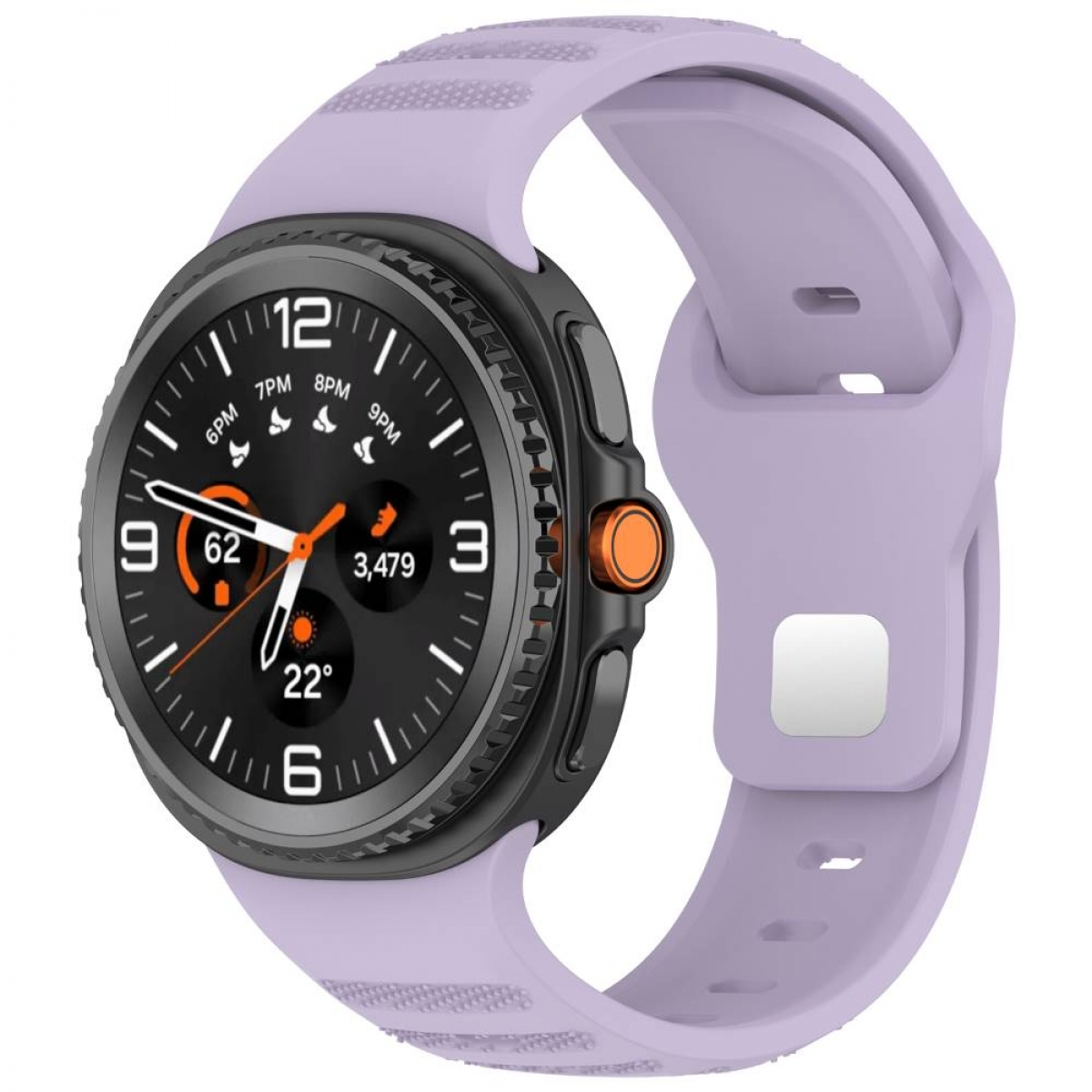 Lila Smartwatch mit lila Armband. Die Uhr ist schwarz und orange.