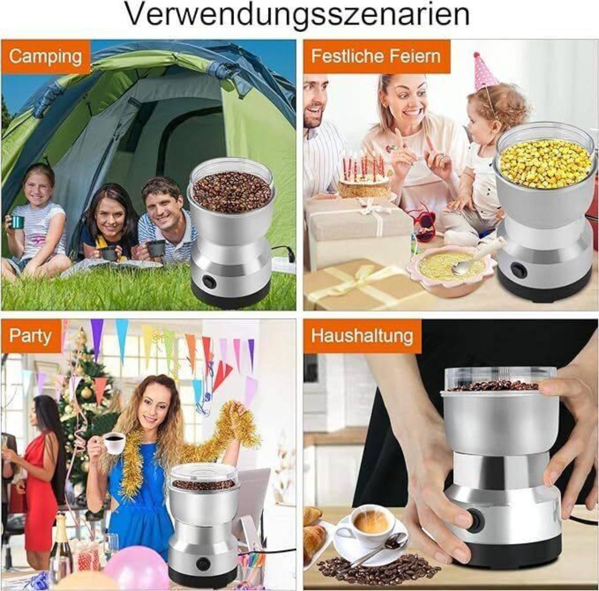 Vier Szenen, die die Verwendung eines Mahlwerks demonstrieren: Camping, Feiern, Partys und Hausgebrauch.