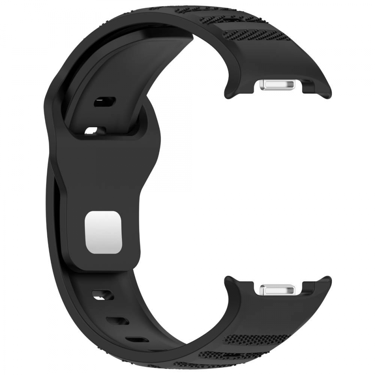 Ein schwarzes Armband aus Gummi mit silberner Schließe.