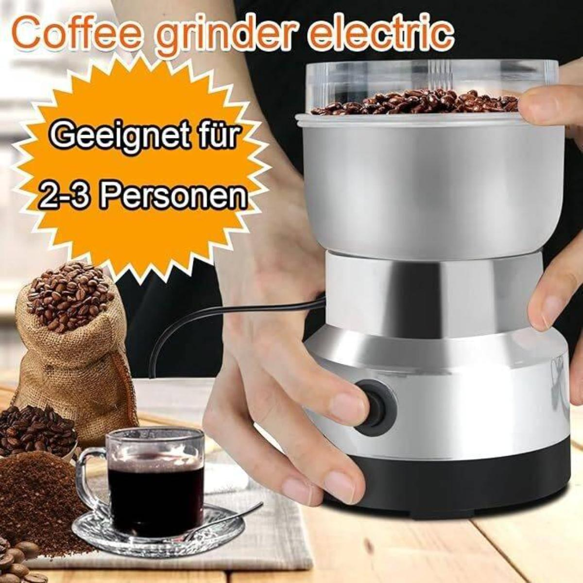 Elektrische Kaffeemühle mit Bohnen, Kaffeepulver und einer Tasse Kaffee. Text: Geeignet für 2-3 Personen.