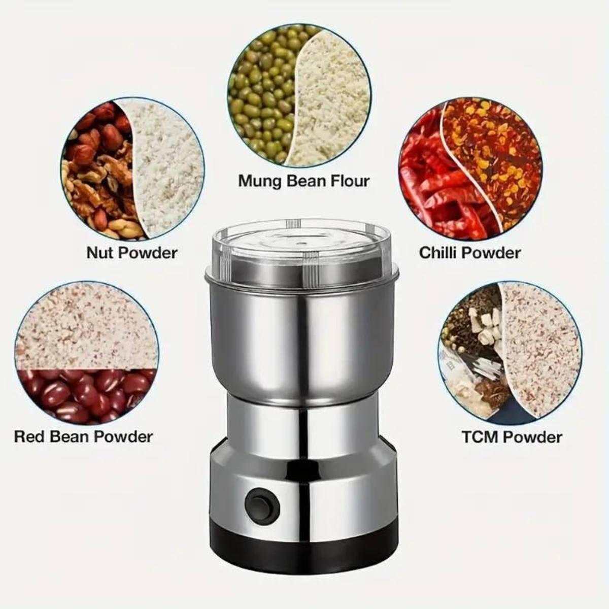 Eine Kaffeemühle mit verschiedenen Zutaten: Nuss-, Mungobohnen-, Chili-, rote Bohnen- und TCM-Pulver.