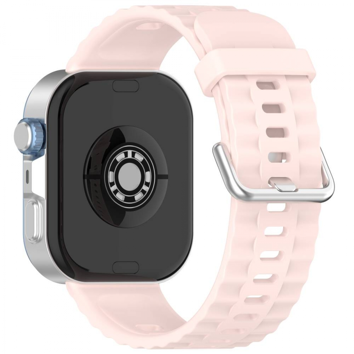 Eine Smartwatch mit pinkfarbenem Armband, von hinten gesehen, mit schwarzem Bildschirm und silbernen Details.