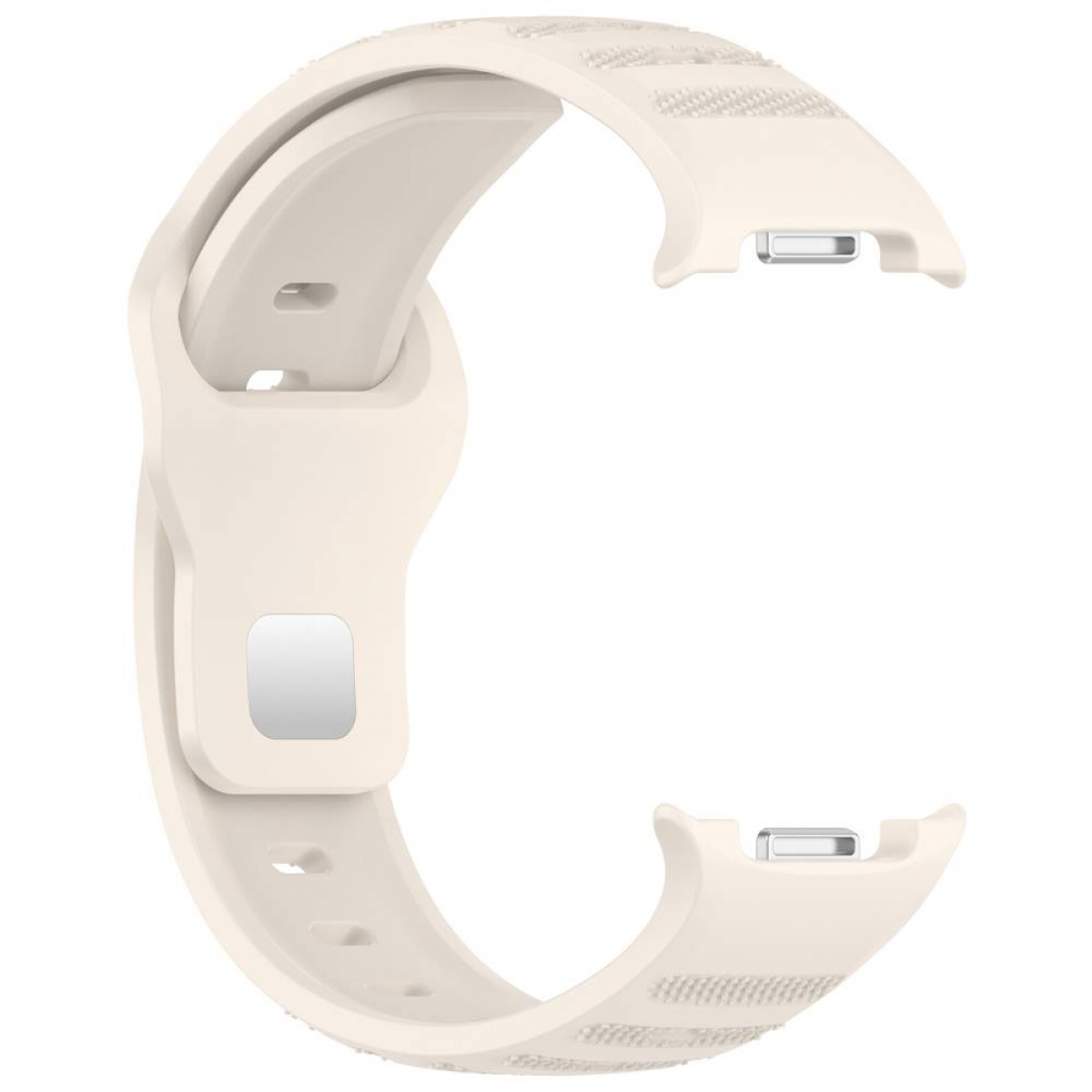 Ein cremefarbenes Uhrenarmband mit gemusterter Textur, das zur Befestigung an einem Gerät bestimmt ist.