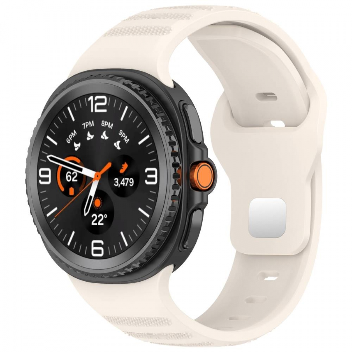 Smartwatch mit weißem Armband und schwarzem Zifferblatt, das Zeit, Datum und Gesundheitsmetriken anzeigt.