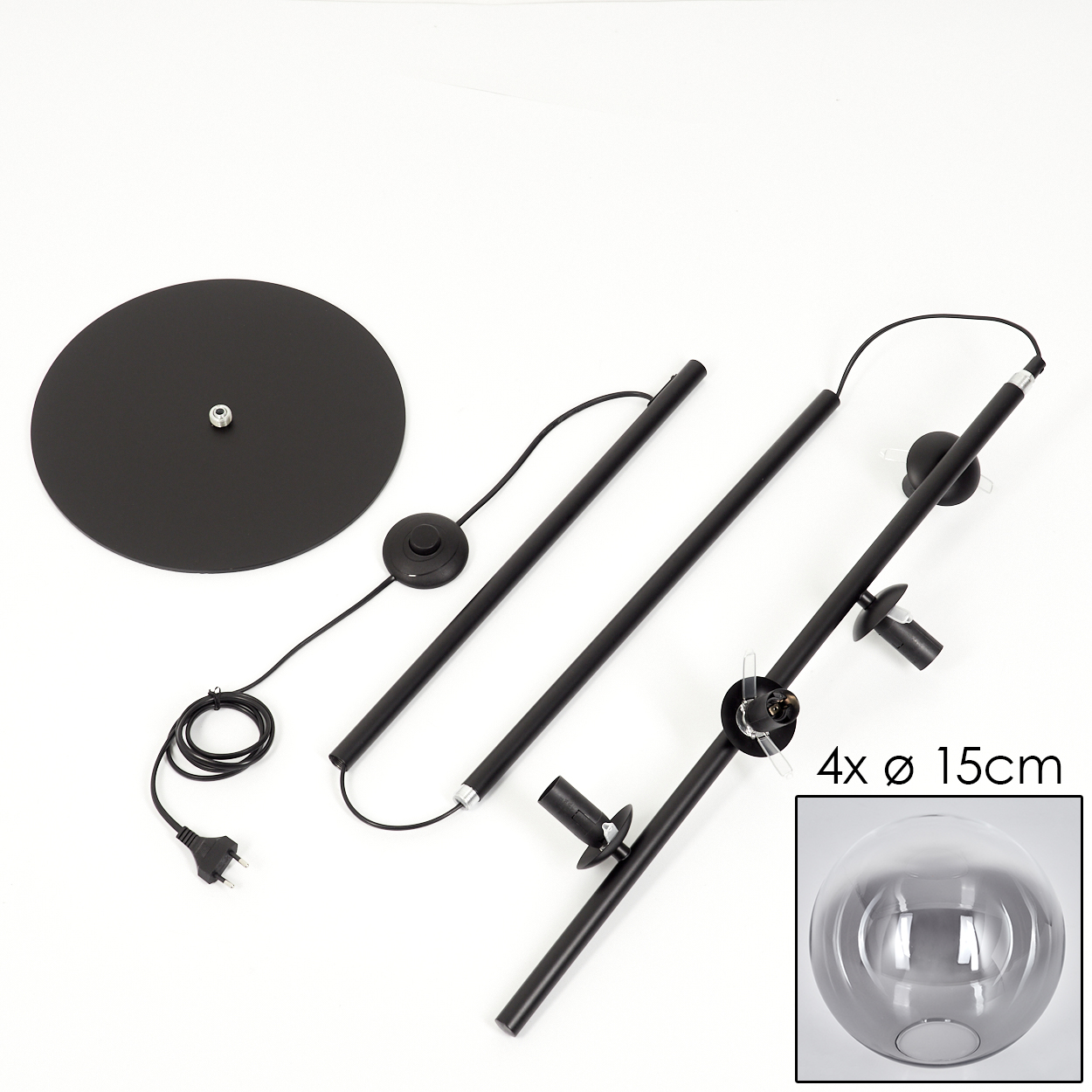Komponenten einer Stehlampe, einschließlich Sockel, Stangensektionen, Dimmschalter und Glasschirm.