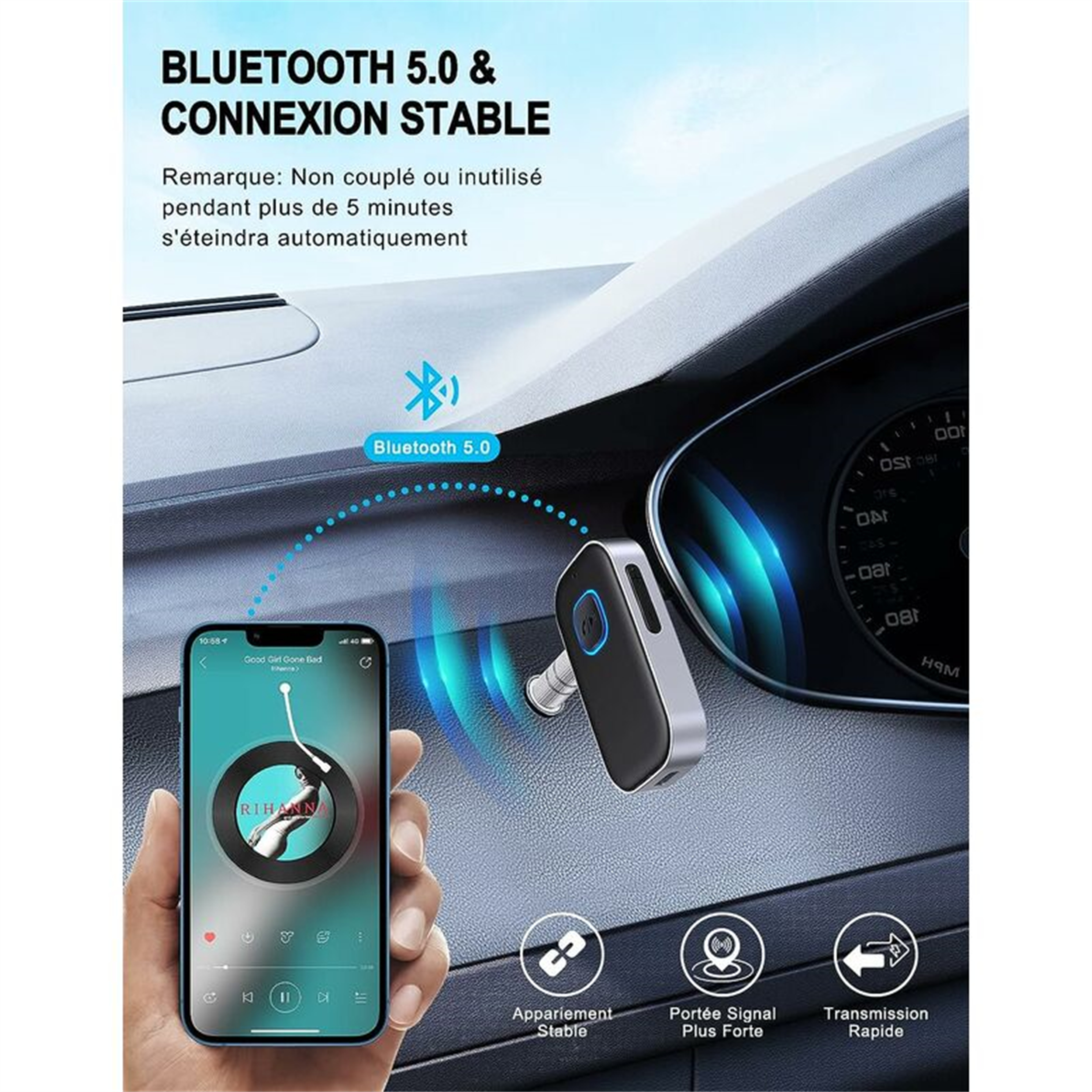 Ein Telefon, das ein Lied auf einem Armaturenbrett anzeigt, mit Bluetooth-Empfänger, mit Text über Bluetooth 5.0.