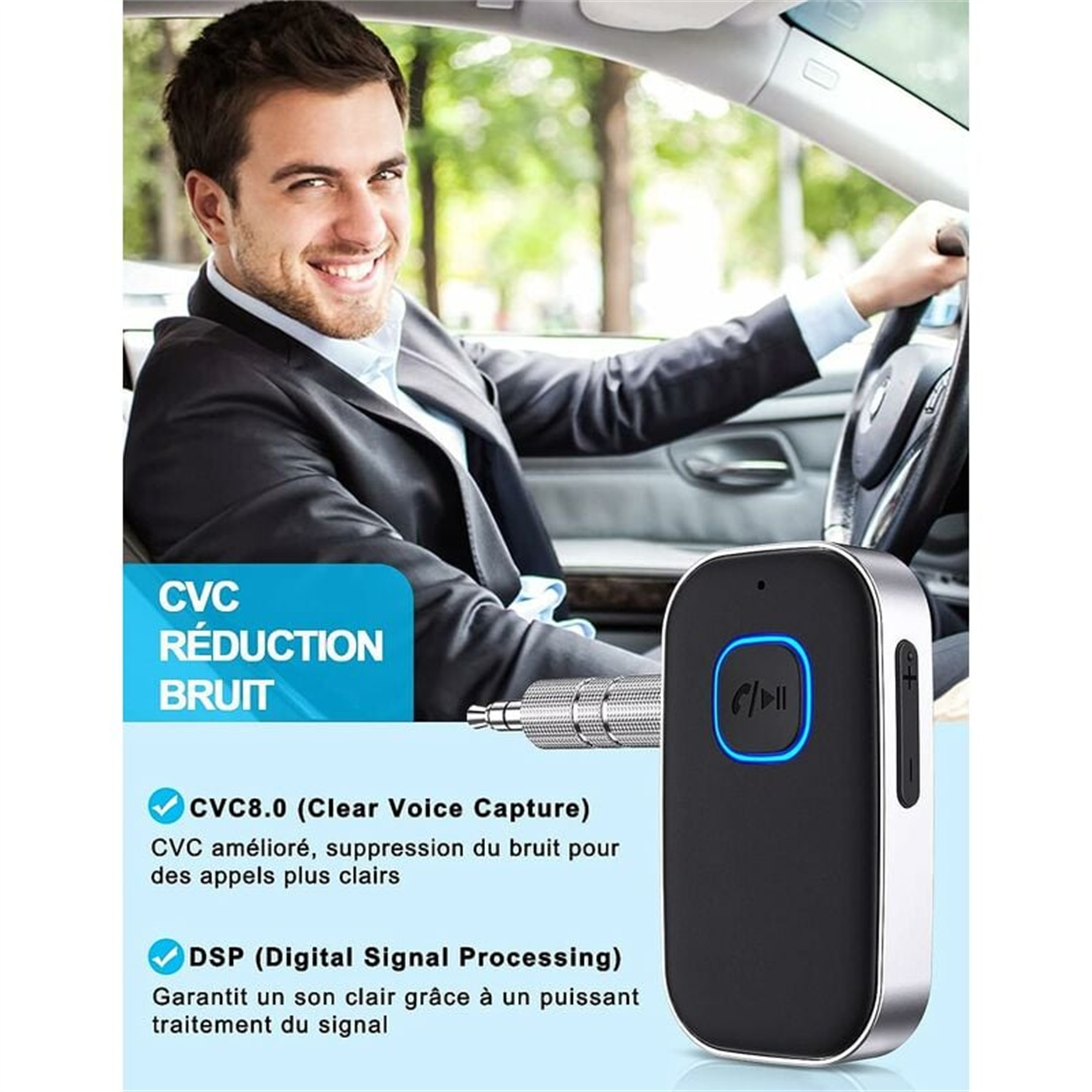 Ein Mann in einem Auto hält einen Bluetooth-Empfänger, mit Text über Rauschunterdrückung und klare Anrufe.