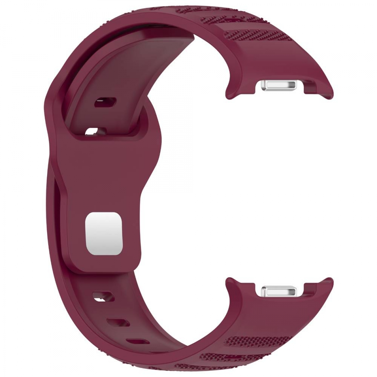 Nahaufnahme eines weinroten Uhrenarmbands, das das Design und die Anschlusspunkte zeigt.