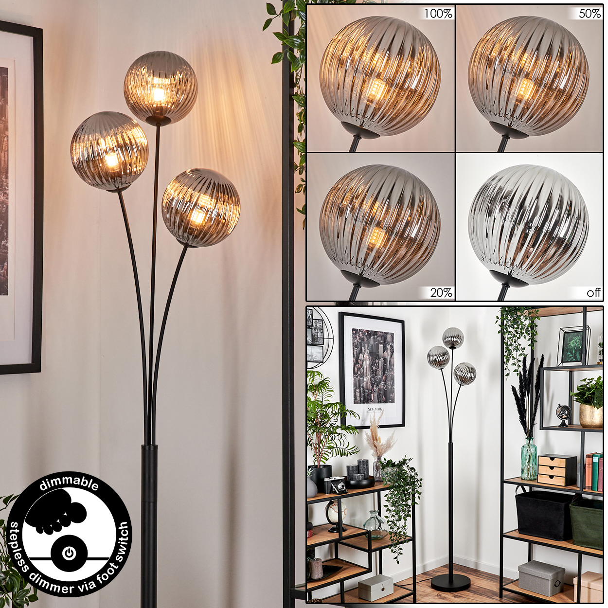 Eine schwarze Stehlampe mit vier Glaskugelschirmen. Die Schirme sind mit einem Fußschalter dimmbar.