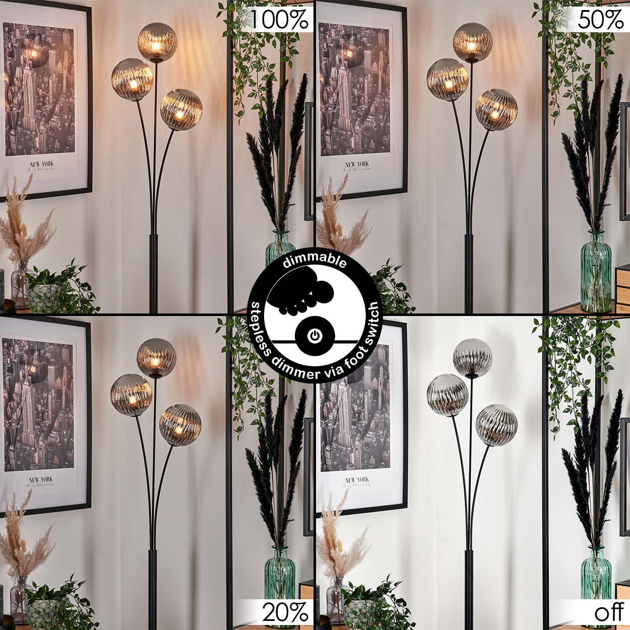 Mehrere Ansichten einer Stehlampe mit Dimmoptionen, die verschiedene Lichtintensitäten zeigen.