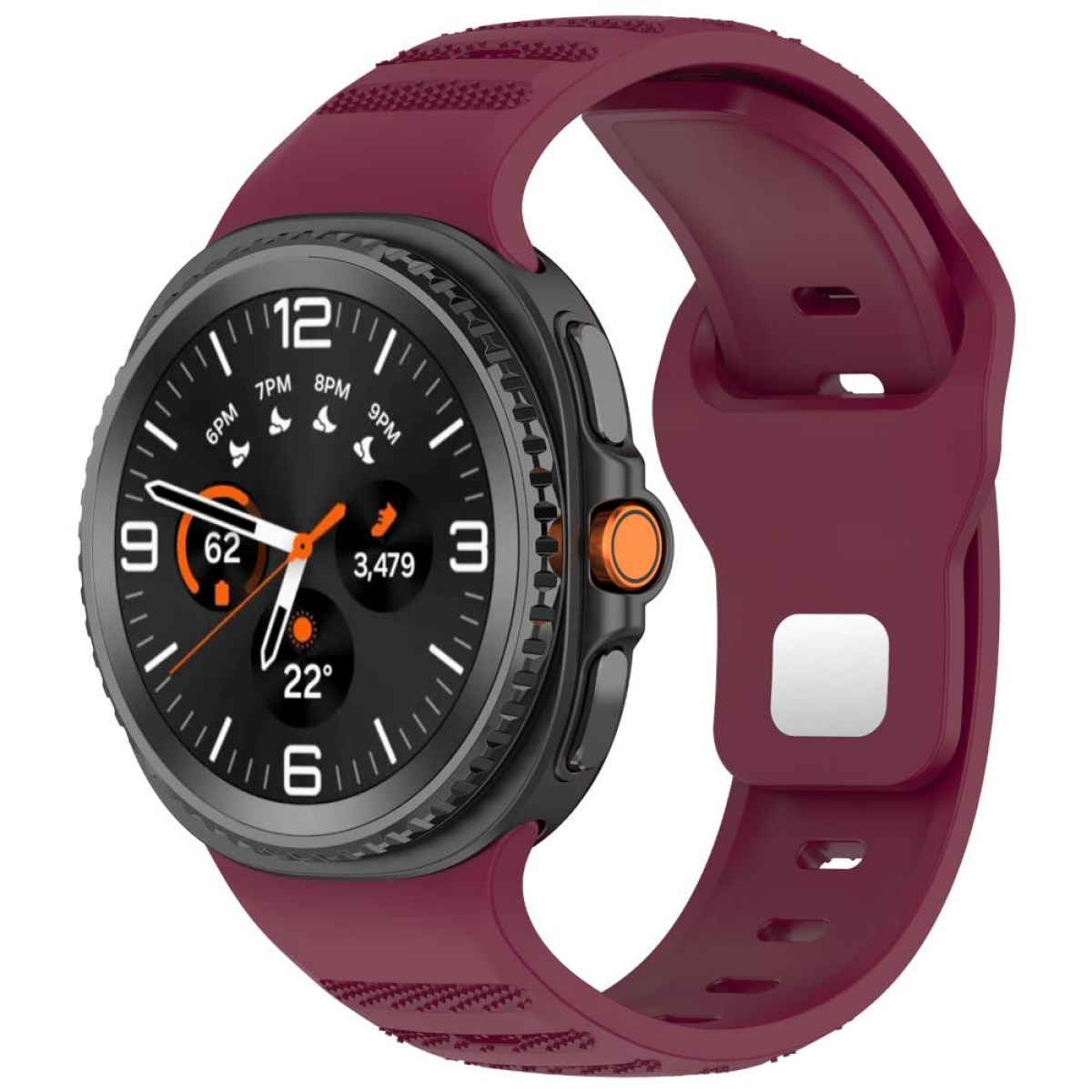 Eine weinrote Smartwatch mit schwarzer Lünette und orangefarbenem Knopf. Das Armband ist weinrot.