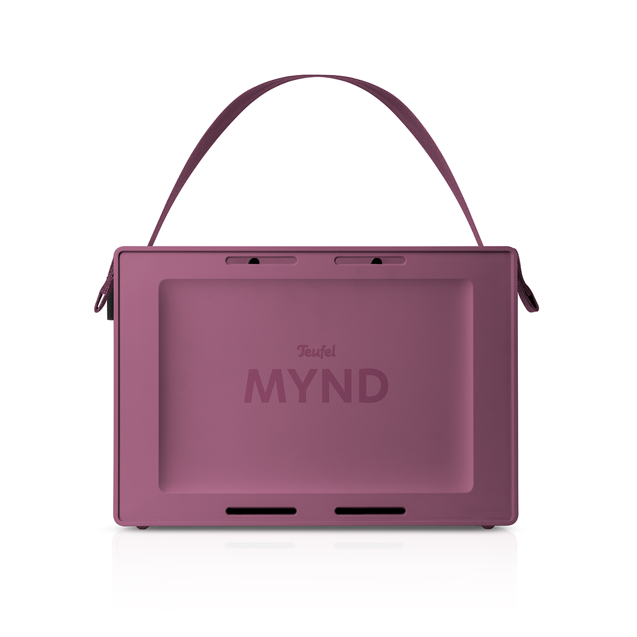 Haut-parleur portable violet avec poignée et nom de marque sur le devant. Isolé sur fond blanc.