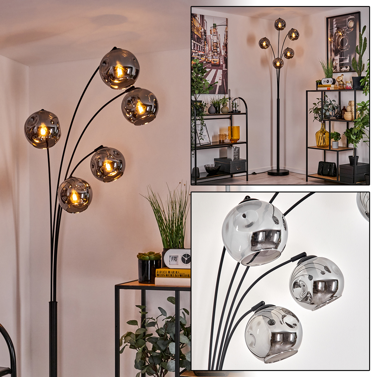Eine Stehlampe mit mehreren Glasschirmen. Der Raum hat Dekoration und ein Stadtbildgemälde.