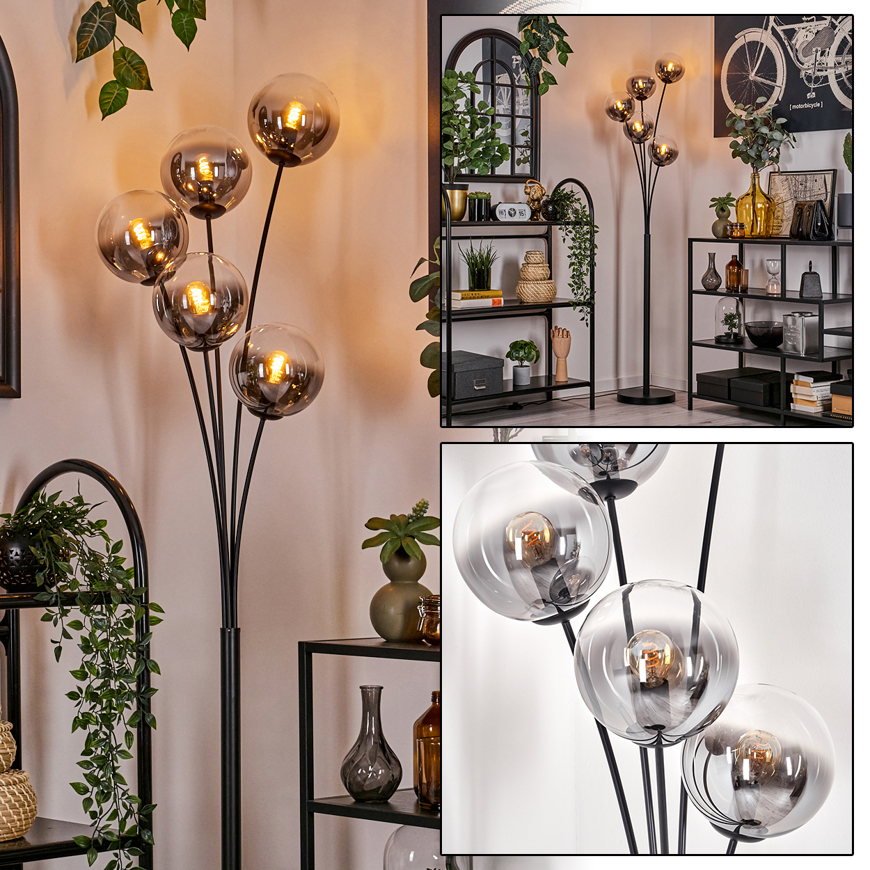 Mehrere Ansichten einer Stehlampe mit runden Glasschirmen. Die Lampe hat einen schwarzen Rahmen und Fuß.