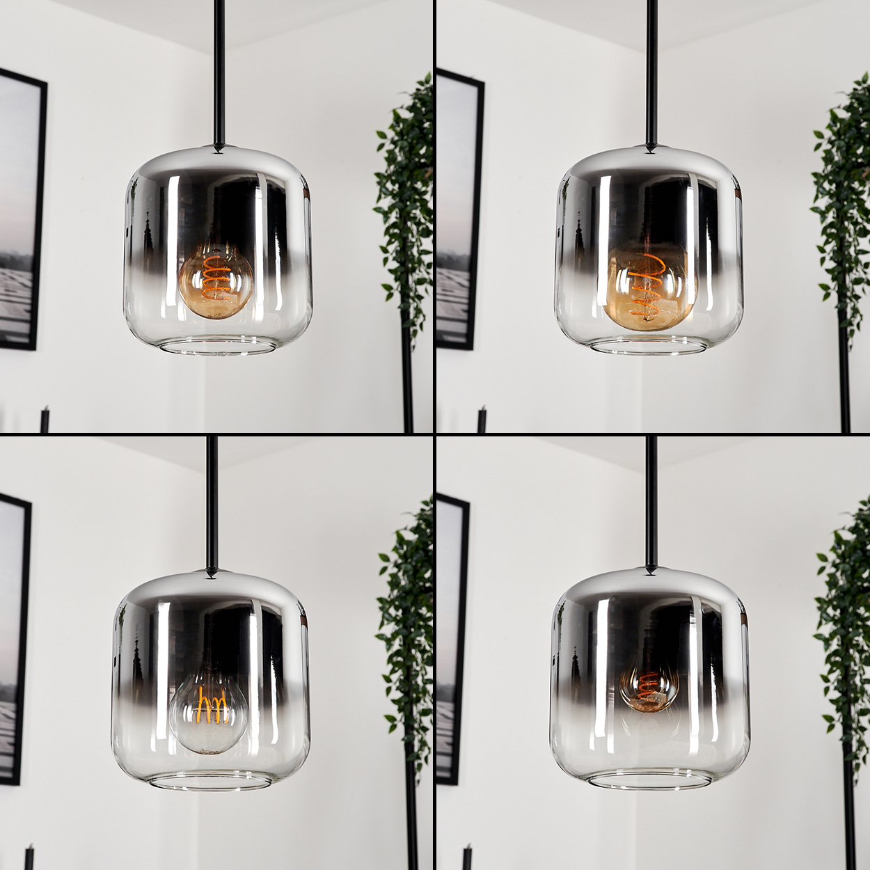 Vier Bilder von Pendelleuchten mit chromartigen Glasschirmen. Jedes Bild zeigt eine einzelne Leuchte. Der Hintergrund ist eine Ecke.