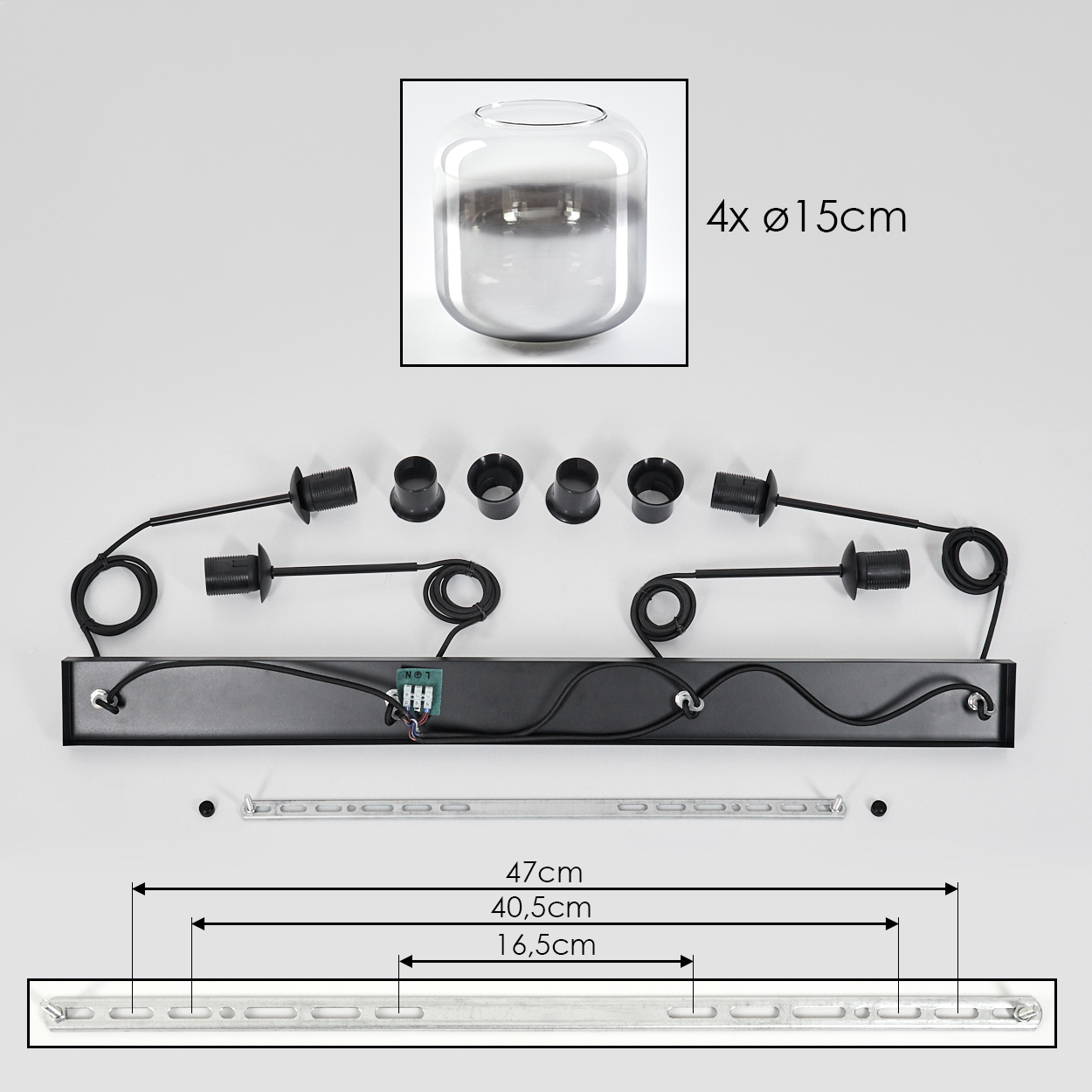 Ein Diagramm zeigt Komponenten einer Leuchte, einschließlich eines Glasschirms und Befestigungsteile, mit Abmessungen.