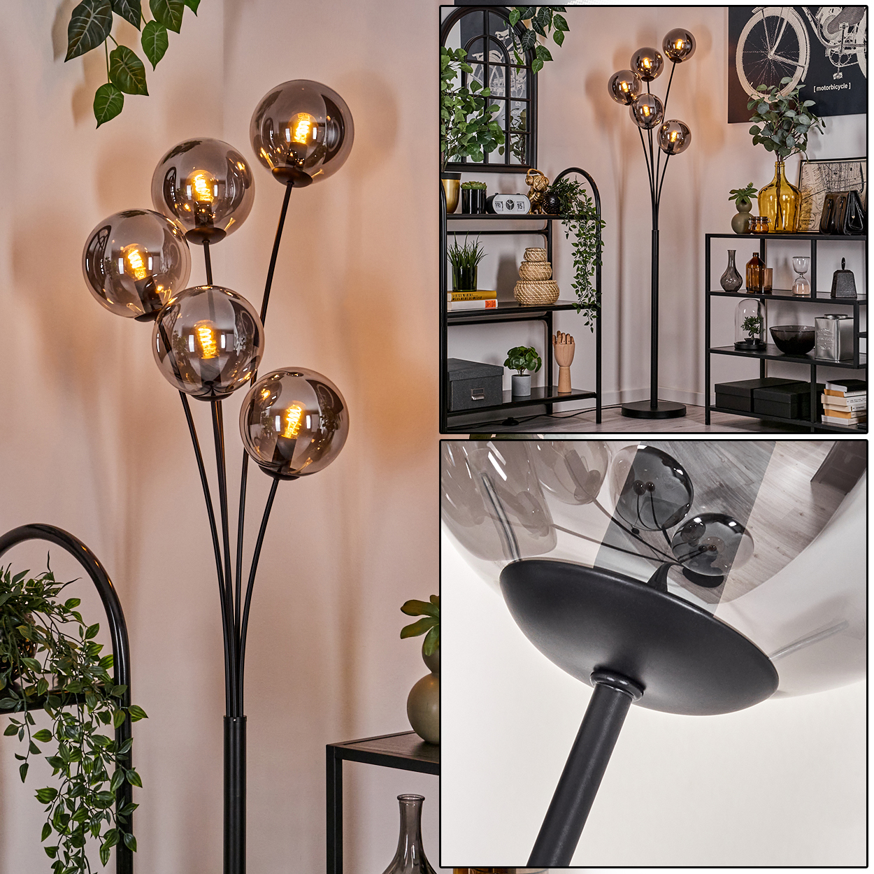 Ein mehrteiliges Bild, das eine Stehlampe mit fünf kugelförmigen Schirmen zeigt. Die Lampe steht vor einer rosa Wand, mit Pflanzen.