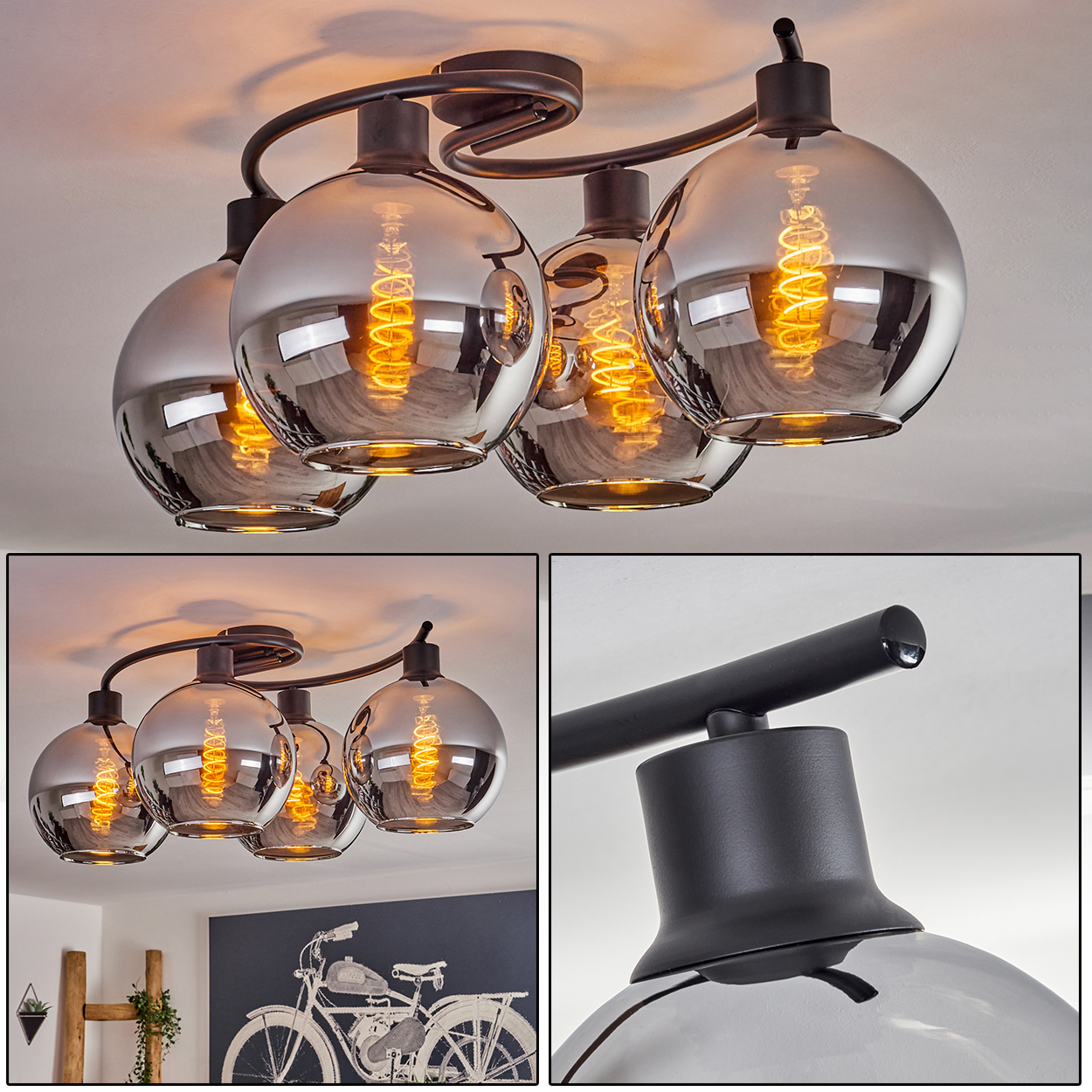 Eine Deckenlampe mit fünf Kugelleuchten. Die Glühbirnen sind beleuchtet. Im Hintergrund sind weitere Lampen.