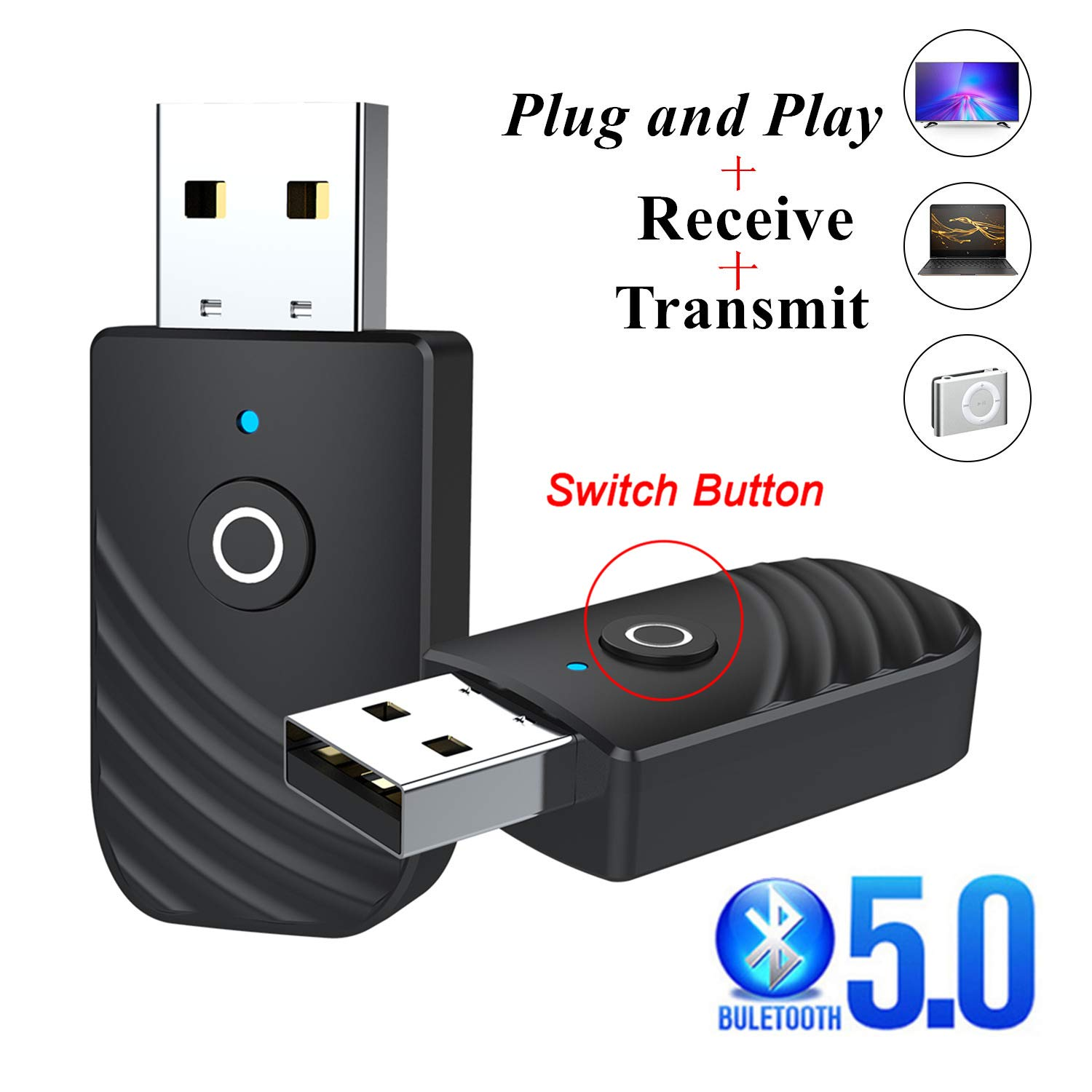 Ein schwarzer USB-Adapter mit Knopf und blauem Licht. Der Text lautet: Plug and Play + Empfangen + Senden.