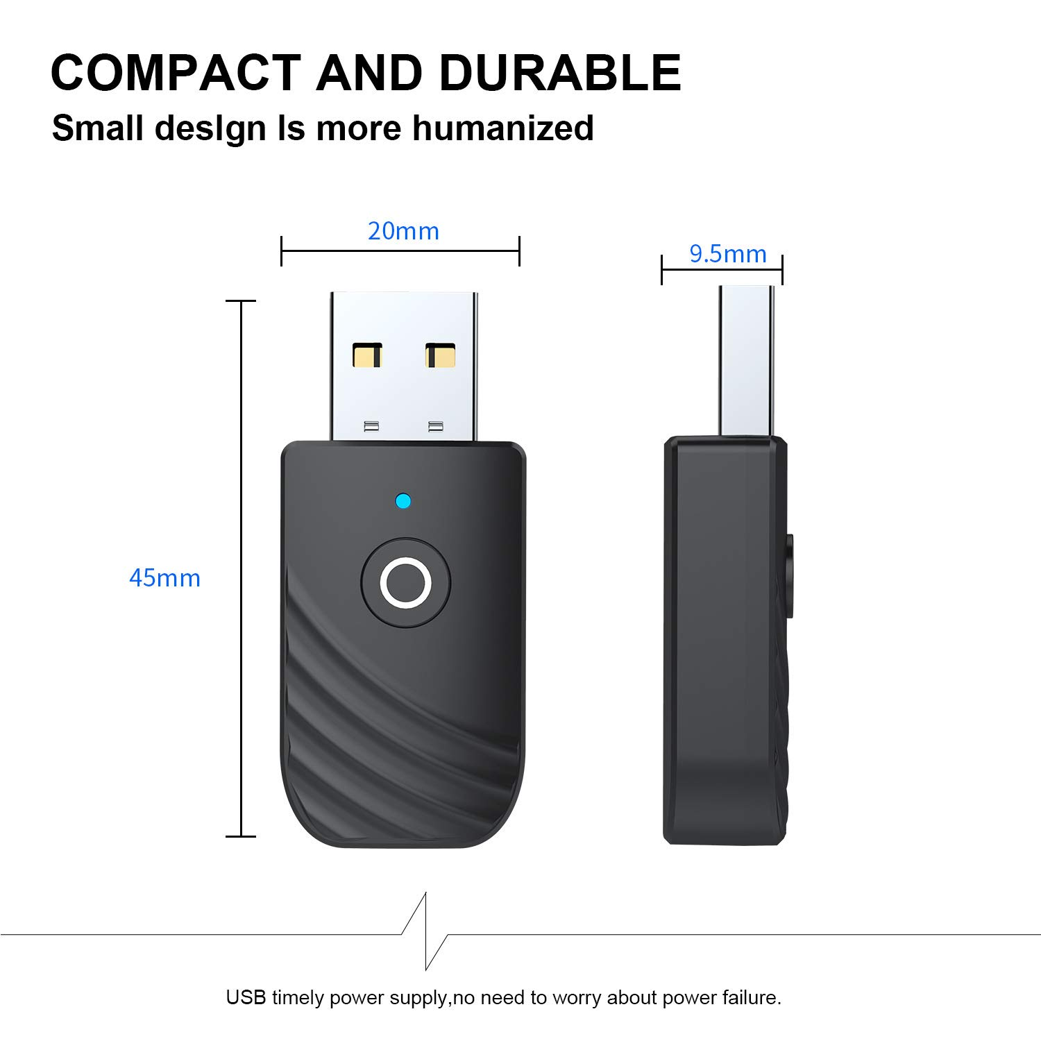 Schwarzer USB-Bluetooth-Adapter mit Maßangaben. Text sagt 'Kompakt und langlebig' und 'USB rechtzeitige Stromversorgung'.
