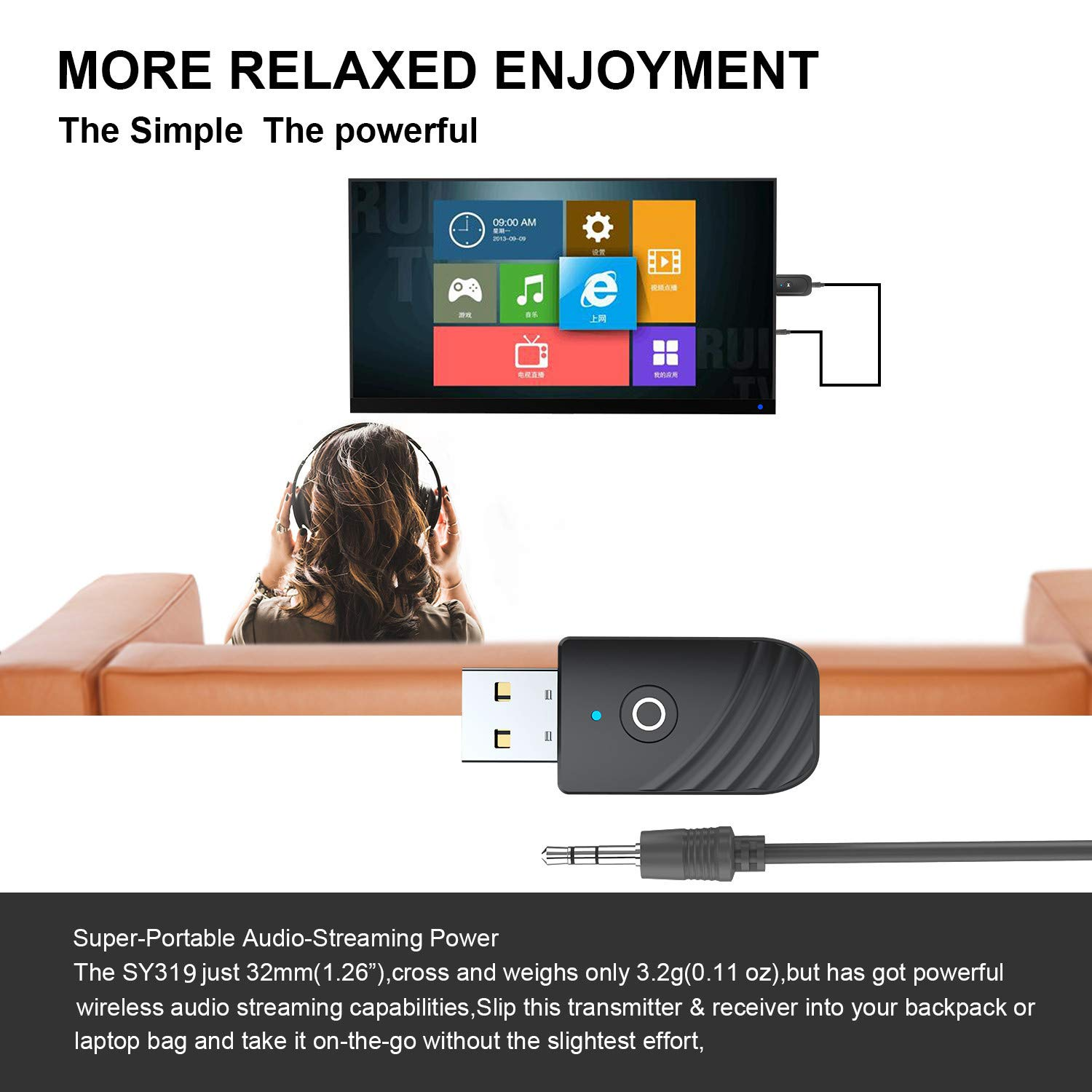 Eine Grafik, die einen USB-Adapter zeigt, der an einen Bildschirm angeschlossen ist, und Text über Audio-Streaming-Funktionen.