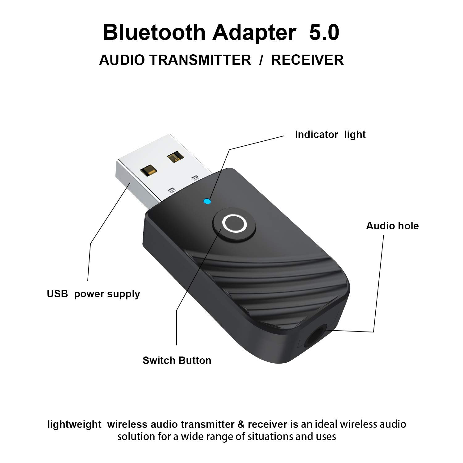 Nahaufnahme eines Bluetooth-Adapters mit Beschriftungen: USB, Kontrollleuchte, Schalter und Audio-Loch.
