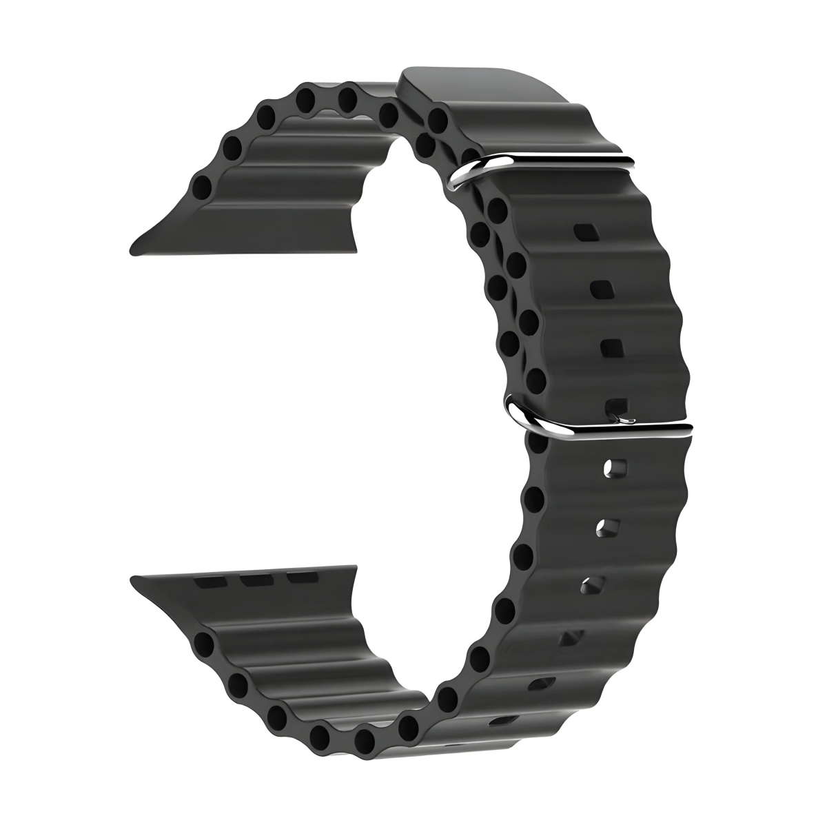 Schwarzes, wellenförmiges Silikon-Uhrenarmband mit silbernen Metallverschlüssen.