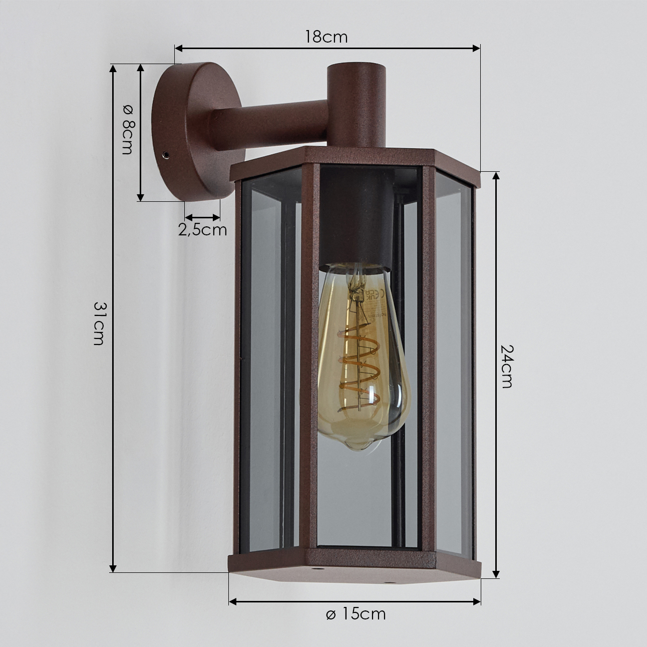 Braune Außenwandleuchte mit Abmessungen, mit Glasgehäuse und sichtbarer Glühbirne.
