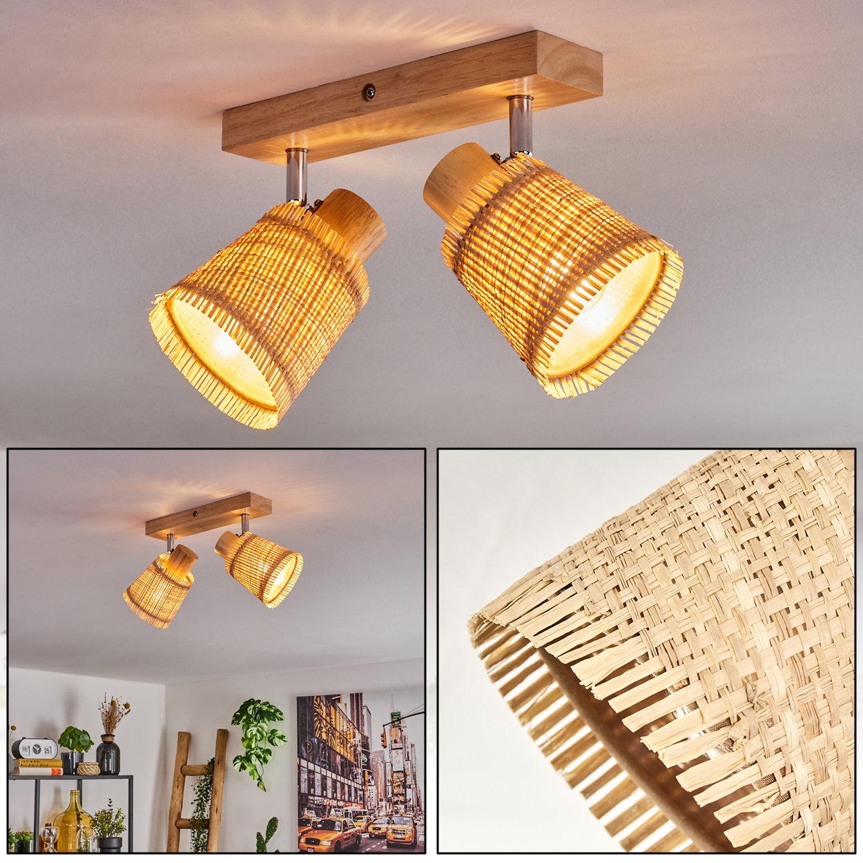 Zwei Rattanlampen sind auf Holz montiert. Die Lampenschirme sind gewebt und nach unten abgewinkelt.
