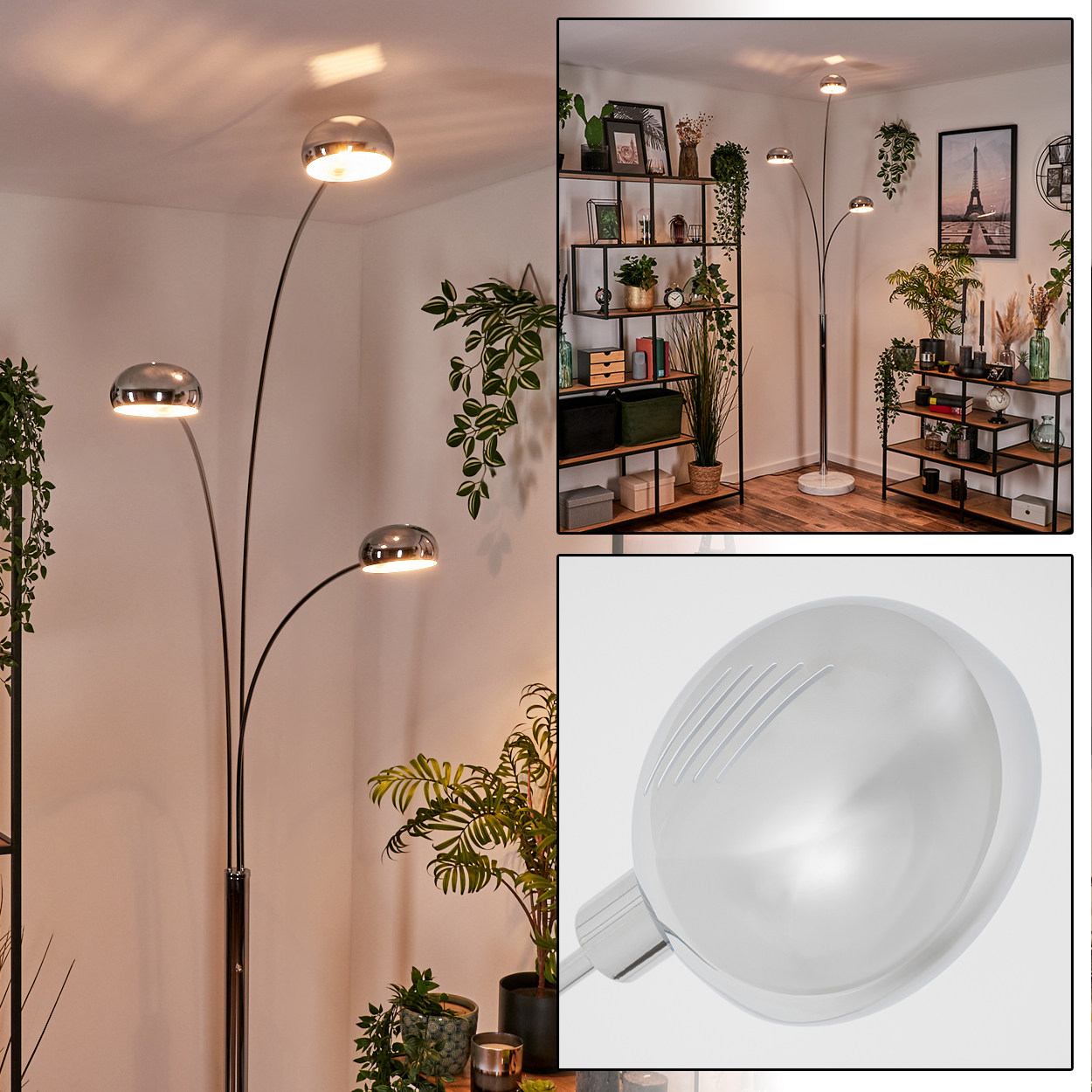 Eine hohe, moderne Stehlampe mit drei kugelförmigen Metallschirmen. Eine Nahaufnahme eines Schirms ist enthalten.