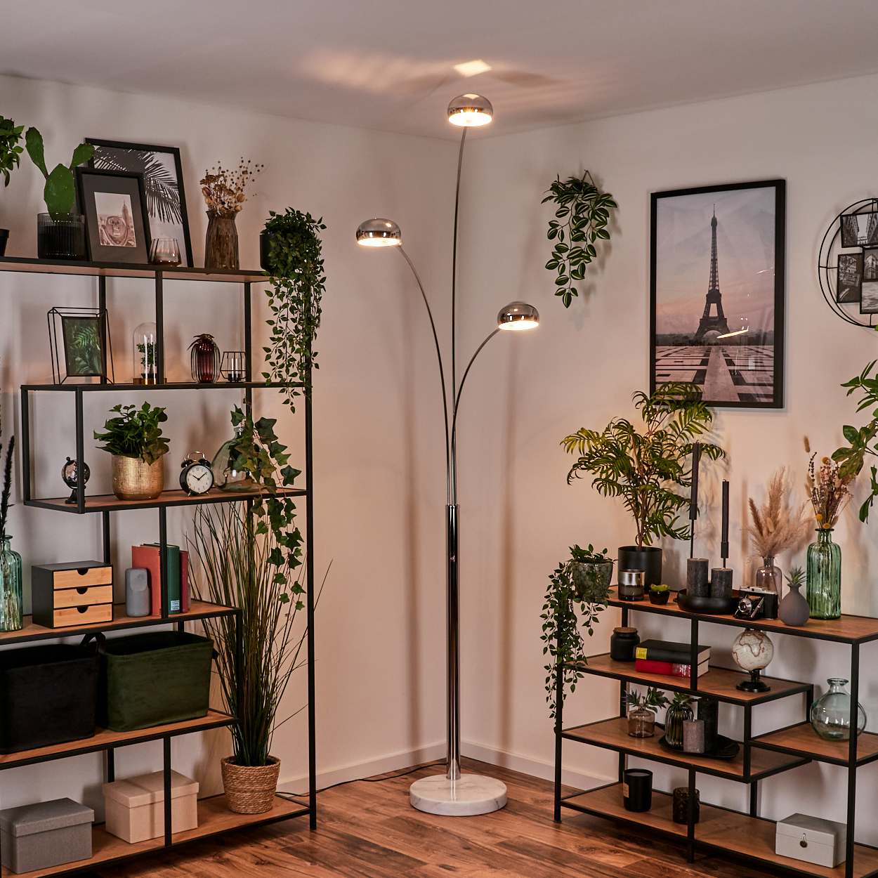 Ein Zimmer mit einer Stehlampe und Regaleinheiten. Das Zimmer ist mit Pflanzen und Bildern dekoriert.