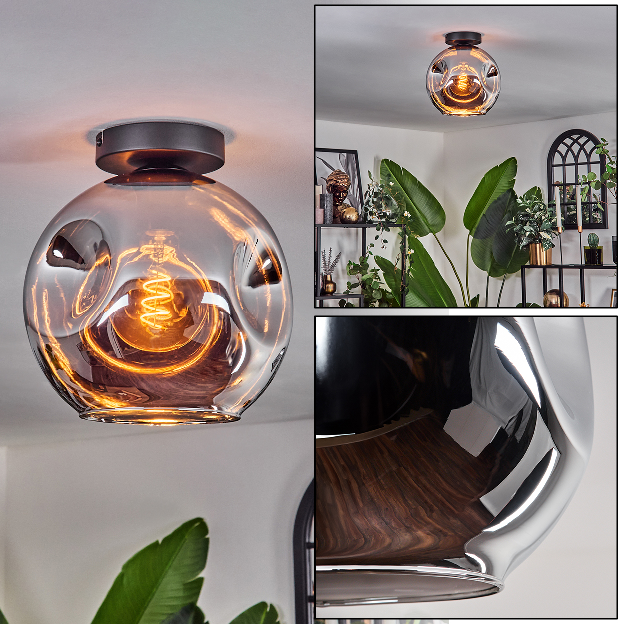 Nahaufnahme einer Deckenlampe mit wellenförmigem Glas. Innenraum mit Möbeln und Pflanzen.
