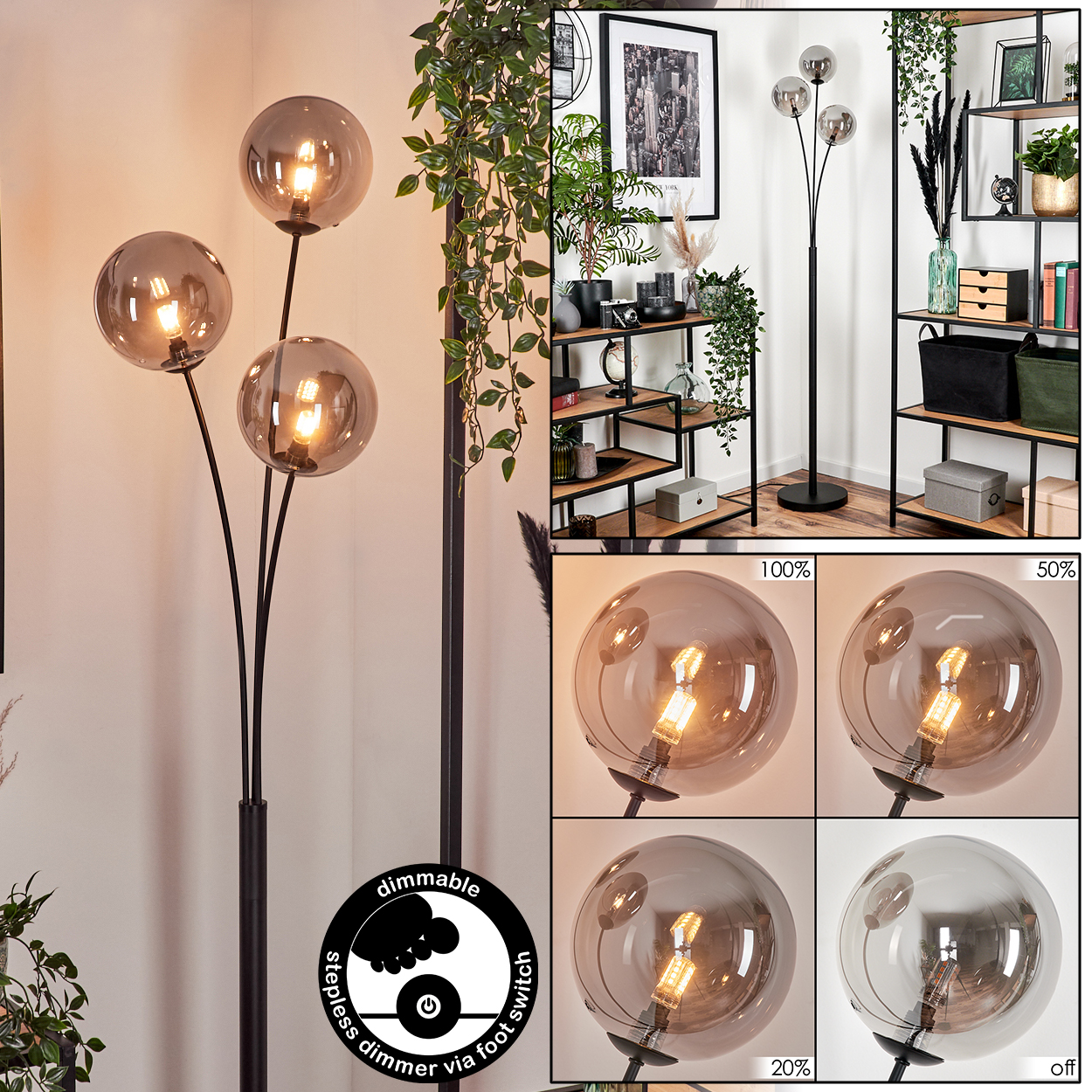 Eine Stehlampe mit 3 Glaskugelschirmen. Verschiedene Lichteinstellungen werden gezeigt.