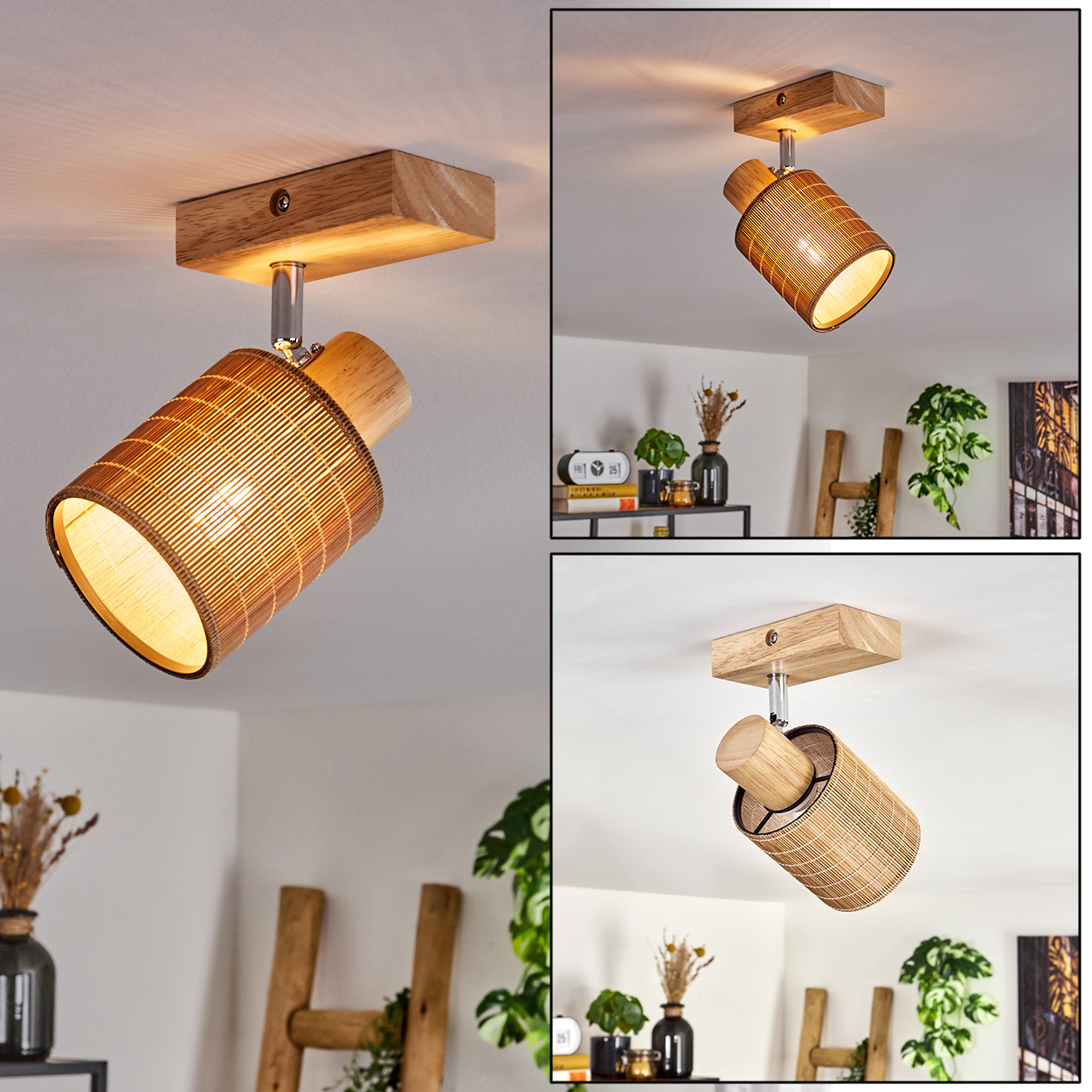 Mehrere Ansichten einer Holz- und Web-Leuchte. Sie ist an der Decke montiert.