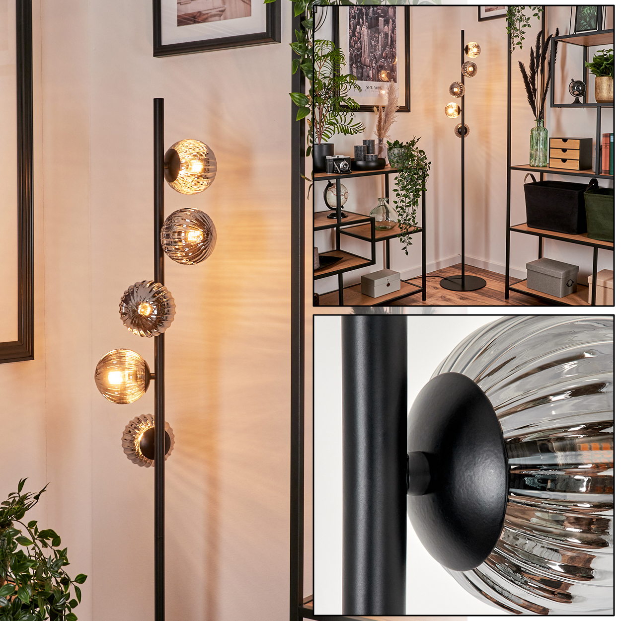 Stehlampe mit Glaskugeln in einem Raum mit Regalen, Pflanzen und Kunst.