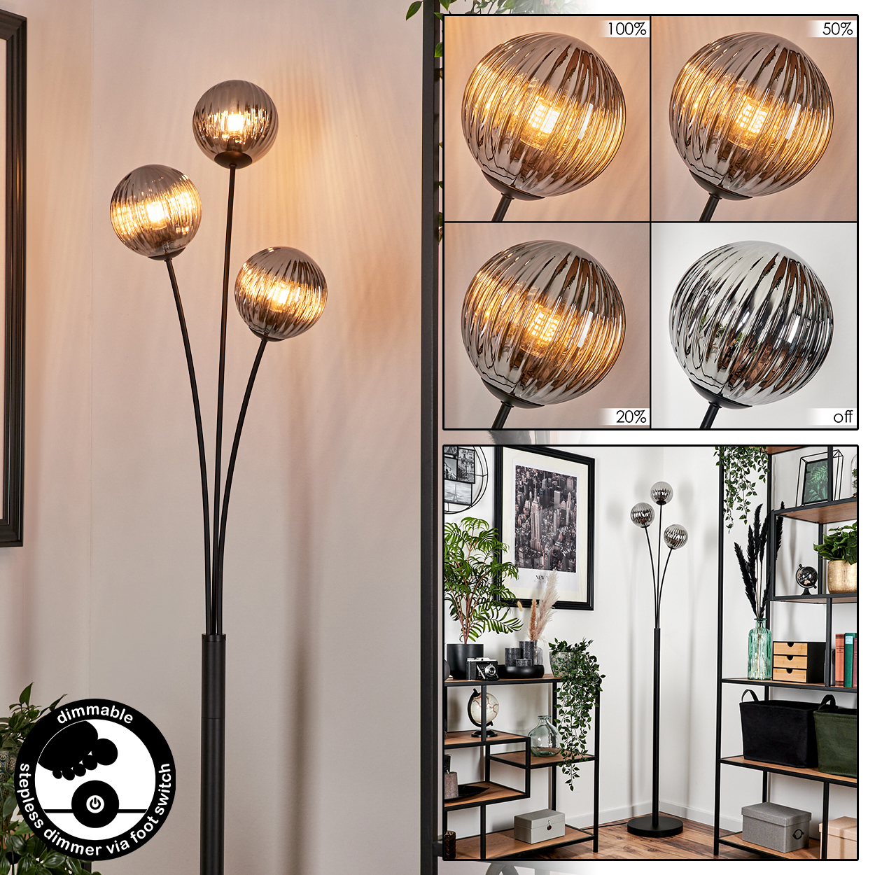 Eine schwarze Stehlampe mit drei Lampenschirmen und einem Dimmer. Beleuchtungsoptionen werden auch gezeigt.