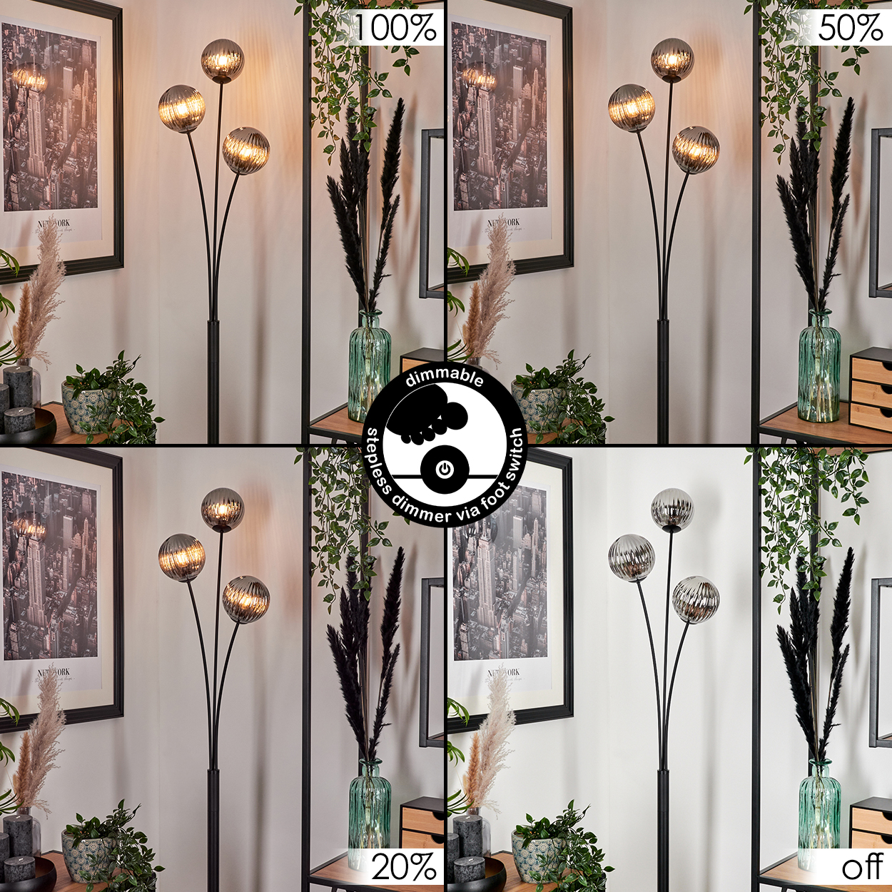 Mehrere Bilder einer schwarzen Stehlampe mit drei Lampenschirmen, dimmbar per Fußschalter, mit verschiedenen Lichtstärken.