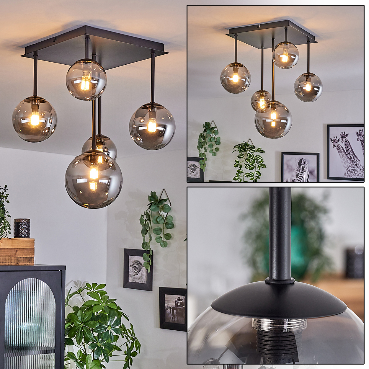 Esszimmer mit Hängeleuchten. Rauchfarbene Glaskugeln, Pflanzen und Kunstwerke sind sichtbar. Nahaufnahme der Lampe.