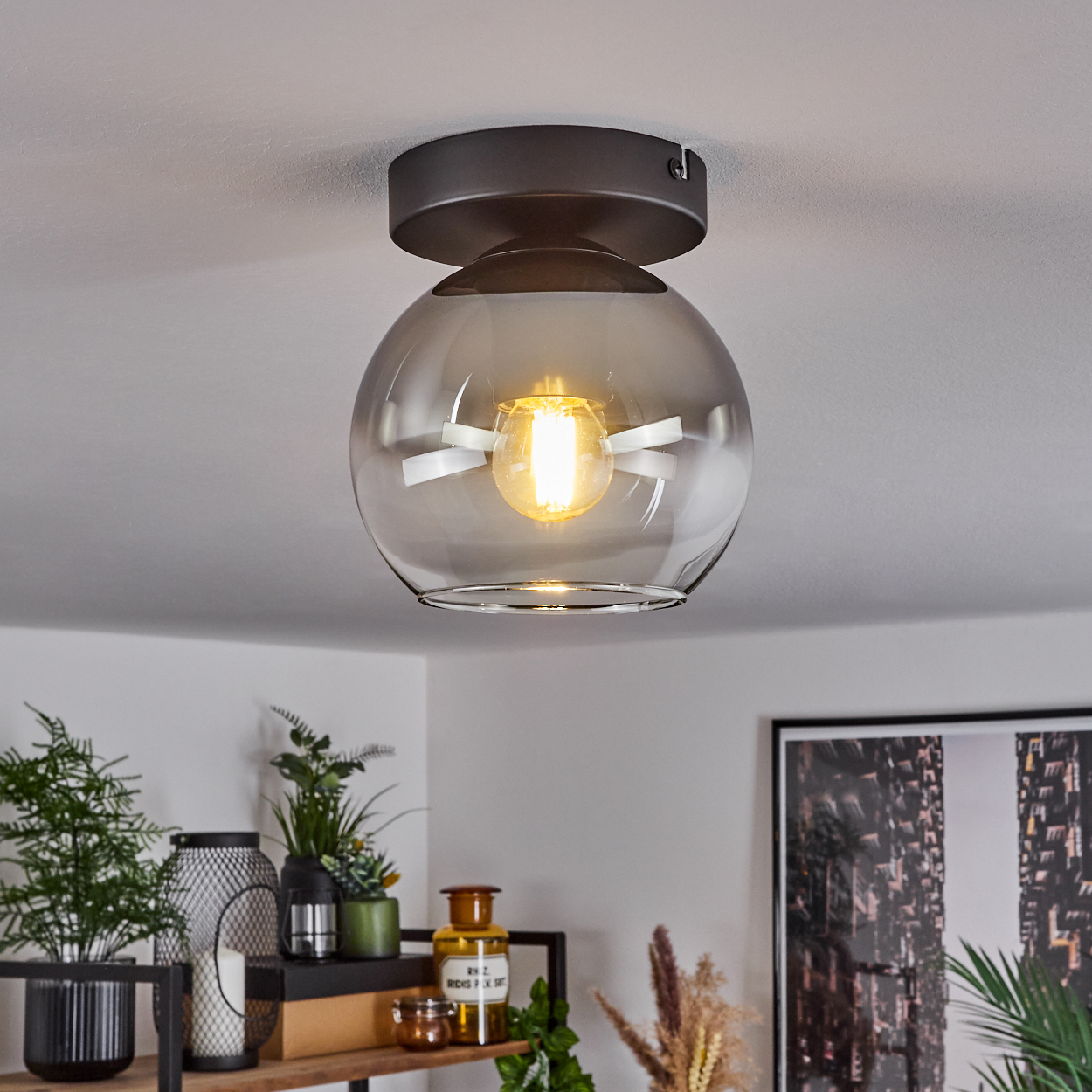 Eine Deckenlampe mit einer rauchigen Glaskugel. Die Lampe ist beleuchtet, mit Pflanzen und Dekoration im Hintergrund.