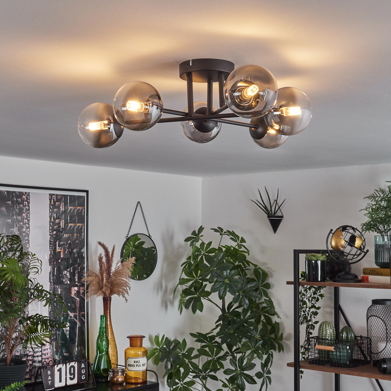 Deckenlampe mit sechs rauchigen Glaskugeln. Innenraum mit Pflanzen, Dekoration und gerahmter Kunst. Die Lampen sind beleuchtet.