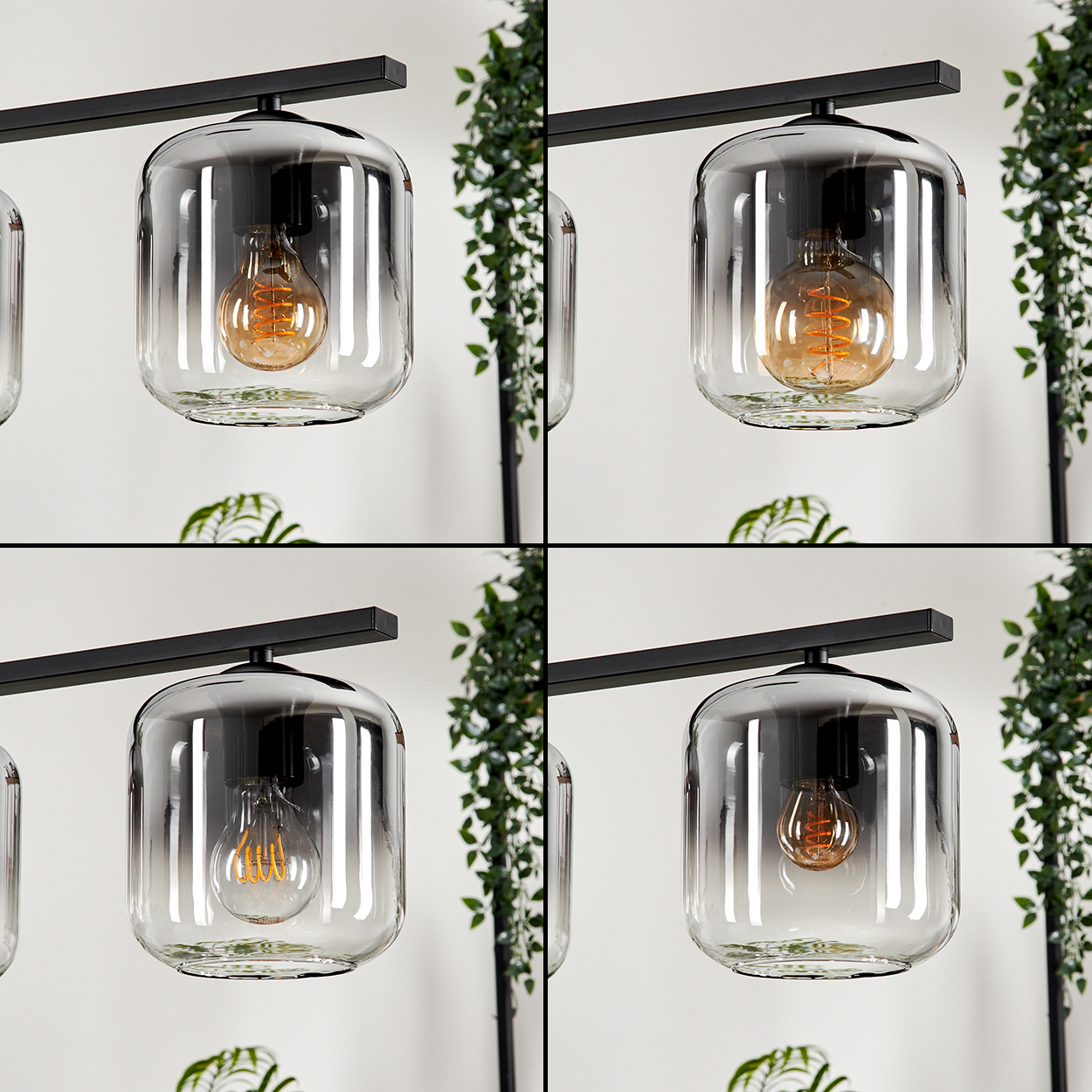 Vier-Panel-Bild, das eine lineare Lampe mit Glasschirmen und beleuchteten Glühbirnen zeigt. Die Lampe hängt von der Decke.