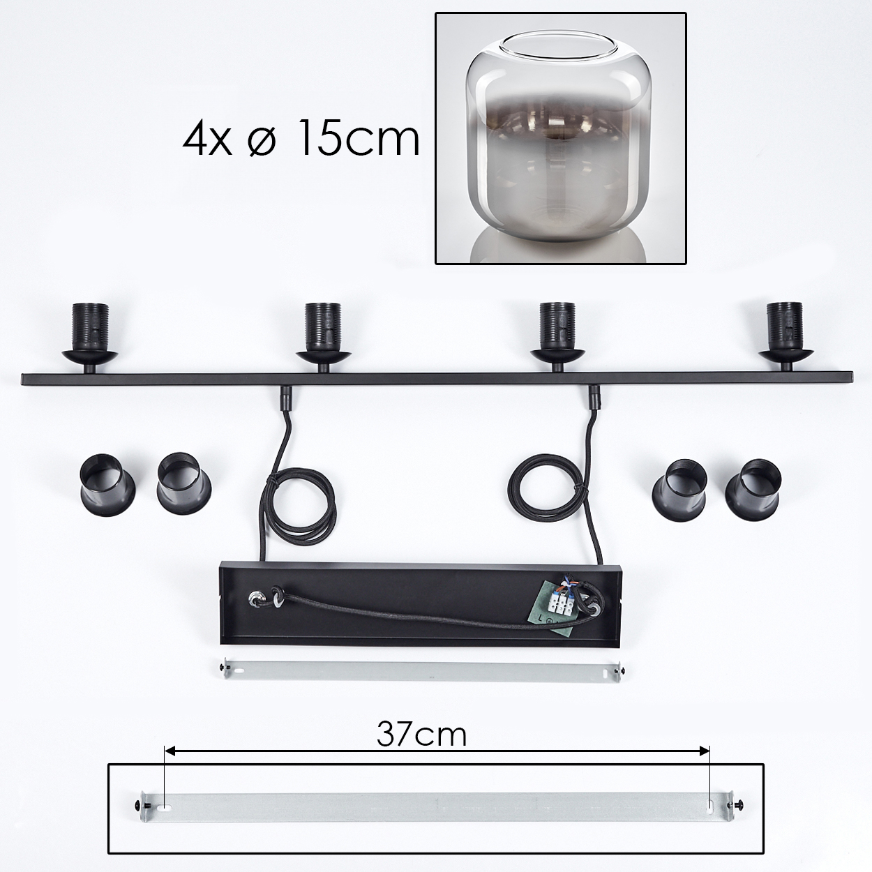 Eine zerlegte lineare Lampe, die den schwarzen Rahmen, die Glasschirme und die Verkabelung zeigt. Die Schirme sind nicht befestigt.